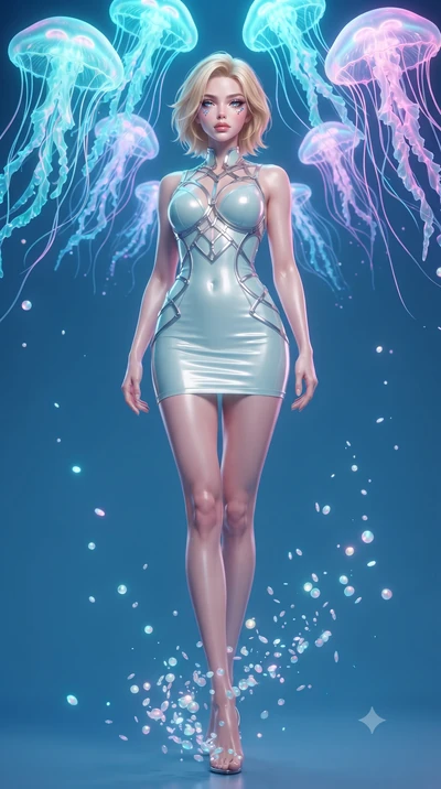 score_9, masterpiece, best quality, ultra-detailed, high-budget anime keyframe, editorial fashion photography, tasteful artistic composition, Caucasian woman. low angle full-body shot from head to toe showing her feet, filling the entire 9:16 vertica