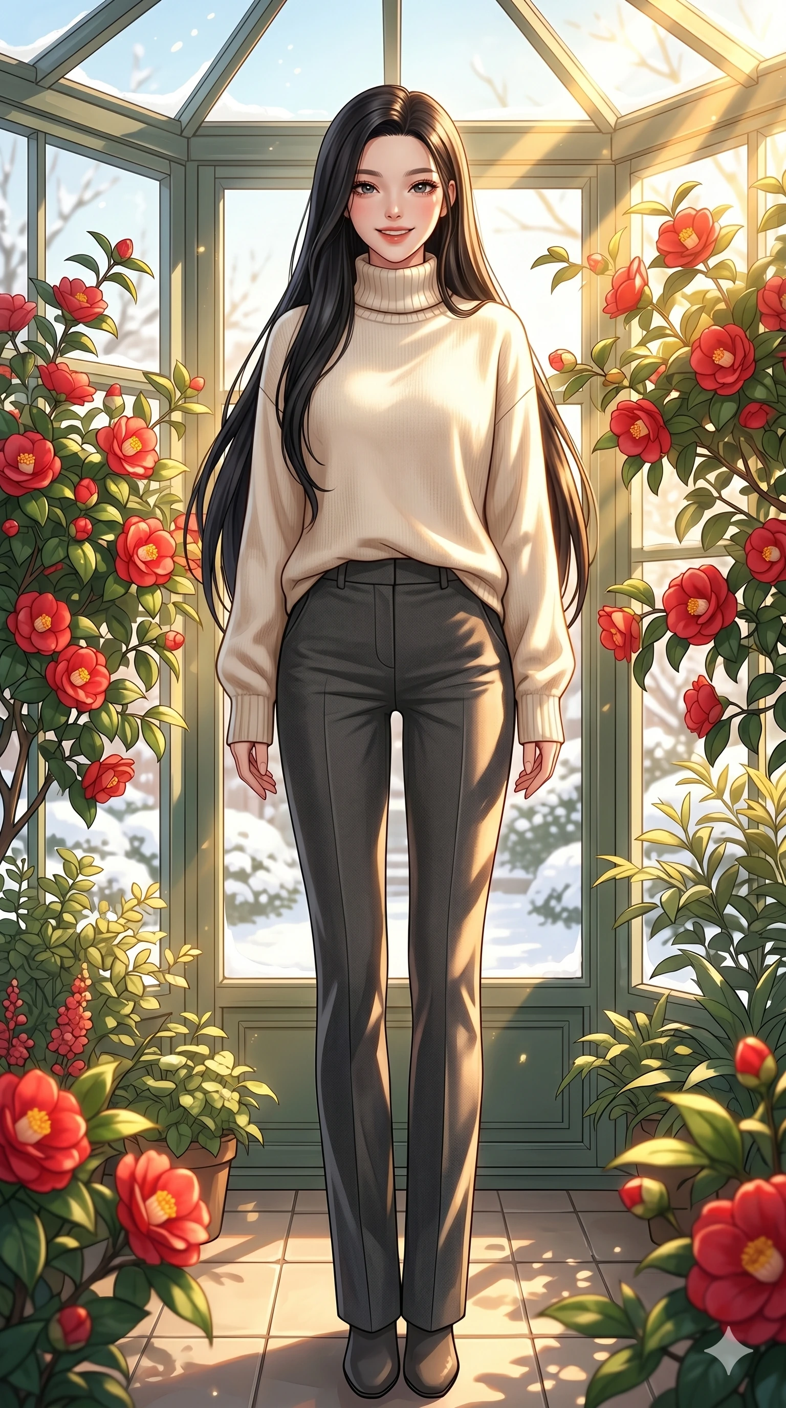 score_9, masterpiece, best quality, ultra-detailed, high-budget anime keyframe, vibrant anime aesthetic, Korean woman. low angle full-body shot from head to toe showing her feet, filling the entire 9:16 vertical frame with her statuesque presence, stretching her vertical silhouette. She is standing in a cheerful pose, smiling warmly at the camera with sparkling eyes inside a sunlit glass conservatory filled with blooming red camellias, with white snow visible outside (Code-P21-001). She has an absolutely perfect 8-heads proportion, an exceptionally tall and slender female figure with impossibly long slender legs and an ultra-slim waist. V-shaped jawline, high-bridge nose, intricate jewel-like eyes with depth, thick eyelashes, glossy lips with a natural sheen. wearing a cozy oversized cashmere turtleneck sweater with tailored wool trousers. She is bathed in brilliant, warm autumn sunbeams creating sharp highlights on her form. 2k, ultra detail, master piece, 9:16 ratio