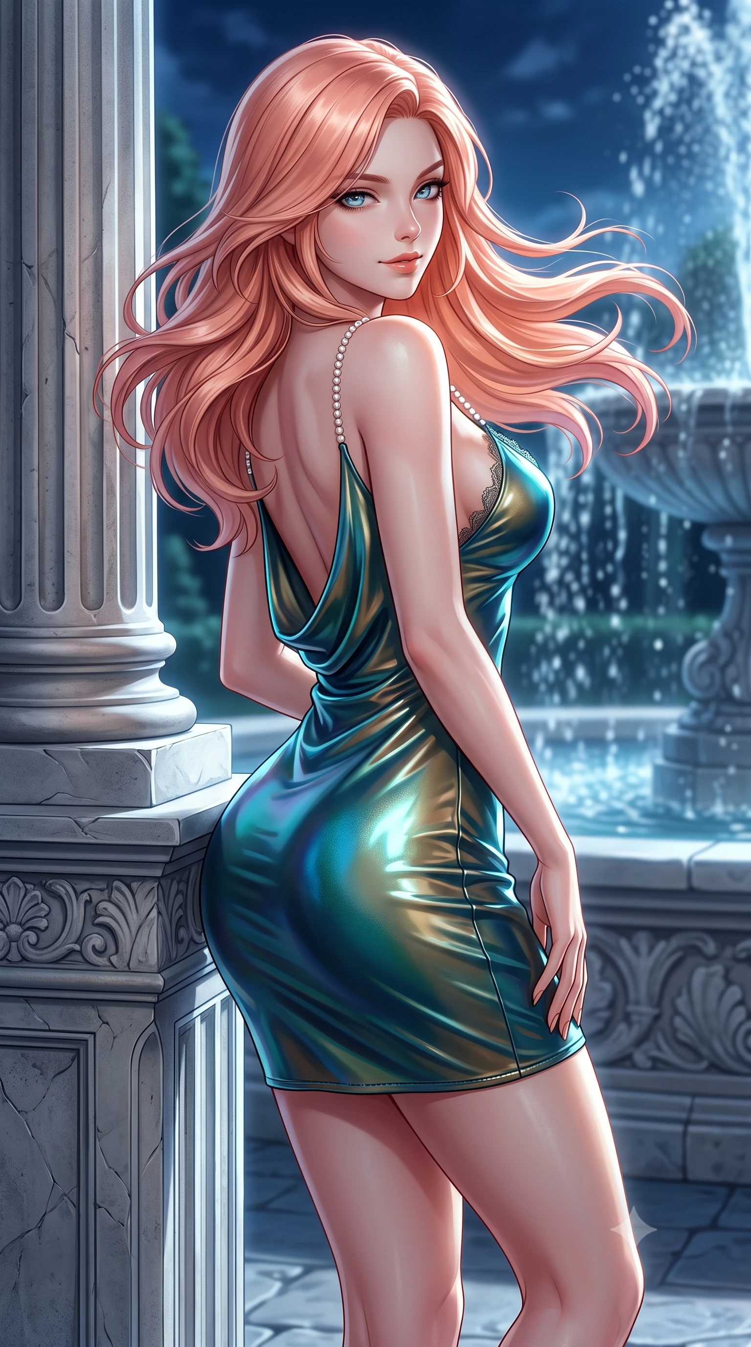 score_9, masterpiece, best quality, ultra-detailed, high-budget anime keyframe, semi-realistic 3D game render, editorial fashion photography, tasteful artistic composition, Japanese woman. close-up cowboy shot from the waist and thighs up, the character dominates the composition, filling the frame with her large presence. turning slowly with an enchanting smoldering smile, her glossy hair tossing in the breeze as her hips angle gracefully in a captivating contrapposto while leaning against the stone column pedestal with hips cocked back, looking over a bare shoulder toward the moonlit Parisian garden. The surrounding environment is rendered in vivid detail and crisp panoramic clarity: sharp fluted limestone column texture, stone balustrade relief, and fountain water spray mist clarity in deep focus. She has an exceptionally elegant, slender, and willowy female figure with an ultra-slim waist, flat toned midriff, narrow ribcage, and sculpted feminine hips creating an alluring, slim hourglass silhouette without bulk. sharp v-shaped jawline, high-bridge nose, sparkling eyes with hypnotic seductive depth, thick curled eyelashes, glossy parted lips with a natural dewy peach sheen, alluring bedroom-eyes with an enchanting coquettish smile, exuding magnetic siren charisma and sophisticated glamour, flawlessly proportioned anatomical accuracy, strict slender model proportions, natural body alignment, perfectly sculpted long slender limbs, ultra-slim waistline, clean dynamic posture without body distortion. wearing a low-cut draped cowl-back satin ballet slip mini dress with dainty pearl spaghetti straps in iridescent peacock teal and burnished antique brass, crafted from wet-look high-gloss vinyl fabric with dazzling specular surface reflections, finished with scalloped eyelash lace trim framing her sweetheart neckline with intimate elegance, the glove-like clinging cut tightly following the natural contour of her hips and long slender legs with youthful 8.5-heads elegance. illuminated by fountain water caustic bounce and sharp platinum rim lights sculpting her delicate clavicles, narrow waist, and curvy hips. highly saturated vibrant anime colors, detailed shading with soft gradients, rich glossy textures, high-contrast stereoscopic depth, volumetric dynamic lighting, master piece, 9:16 ratio