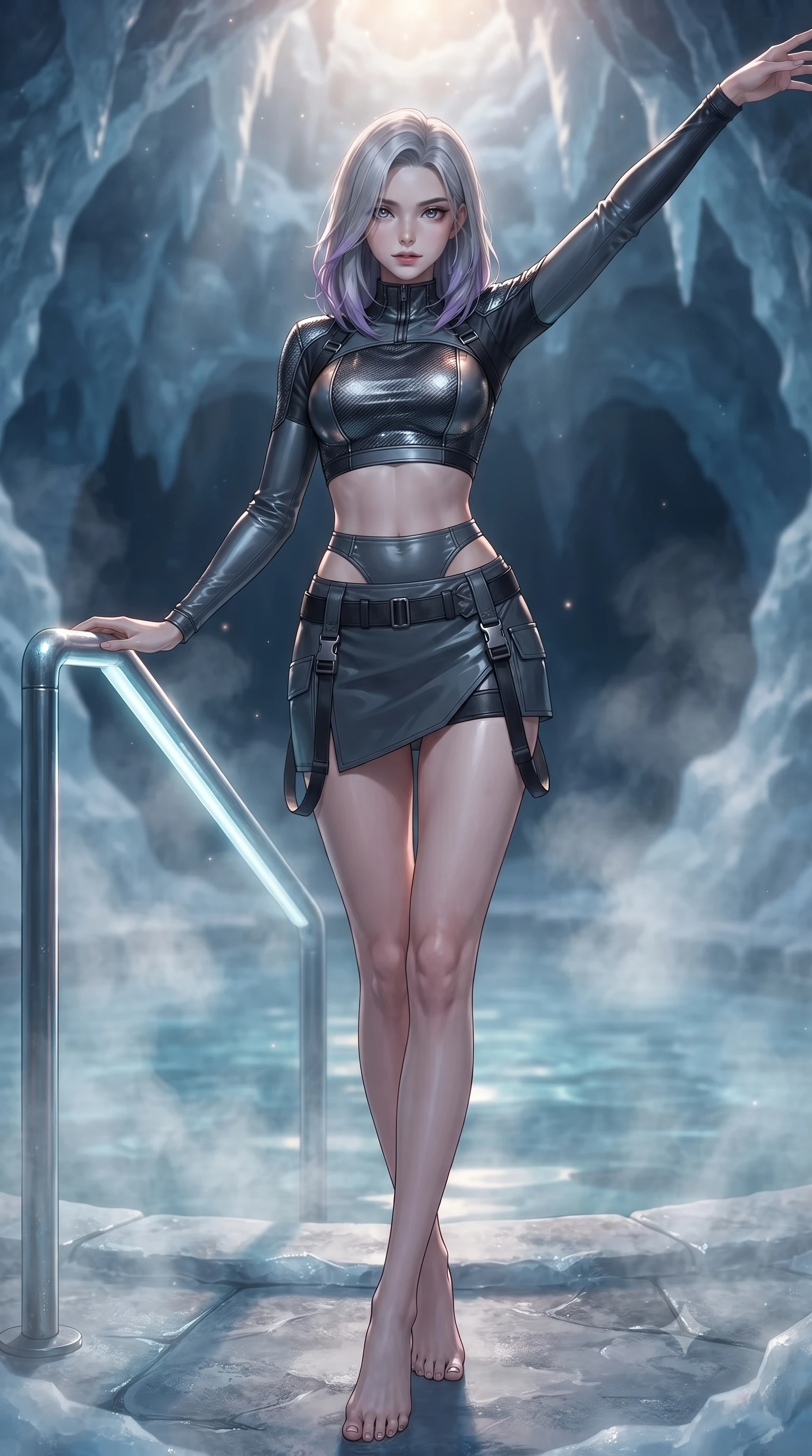 score_9, masterpiece, best quality, ultra-detailed, high-budget anime keyframe, editorial fashion photography, tasteful artistic composition, Caucasian woman. low angle full-body shot from head to toe showing her feet, filling the entire 9:16 vertical frame with her statuesque presence, stretching her vertical silhouette. standing in a tall, confident posture with one hand on a glowing metal railing, stretching her statuesque body, the background shows a soft-focus an ice cave hot spring pool with mineral steam rising around rocks. She has an absolutely perfect, statuesque 8.5-heads proportion, an exceptionally tall and slender model-like female figure with impossibly long slender legs and an ultra-slim waist. sharp v-shaped jawline, high-bridge nose, intricate jewel-like eyes with depth, thick eyelashes, glossy lips with a natural sheen. wearing a body-hugging modern carbon-alloy crop top paired with a low-rise tactical skirt and a subtle waist cut-out. soft morning mist diffusing the warm starlight, creating a tranquil wash. ultra-reflective glossy finish, specular highlights, metallic sheen, high-contrast stereoscopic depth, volumetric dynamic lighting, 2k, ultra detail, master piece, 9:16 ratio