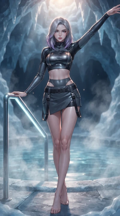score_9, masterpiece, best quality, ultra-detailed, high-budget anime keyframe, editorial fashion photography, tasteful artistic composition, Caucasian woman. low angle full-body shot from head to toe showing her feet, filling the entire 9:16 vertica