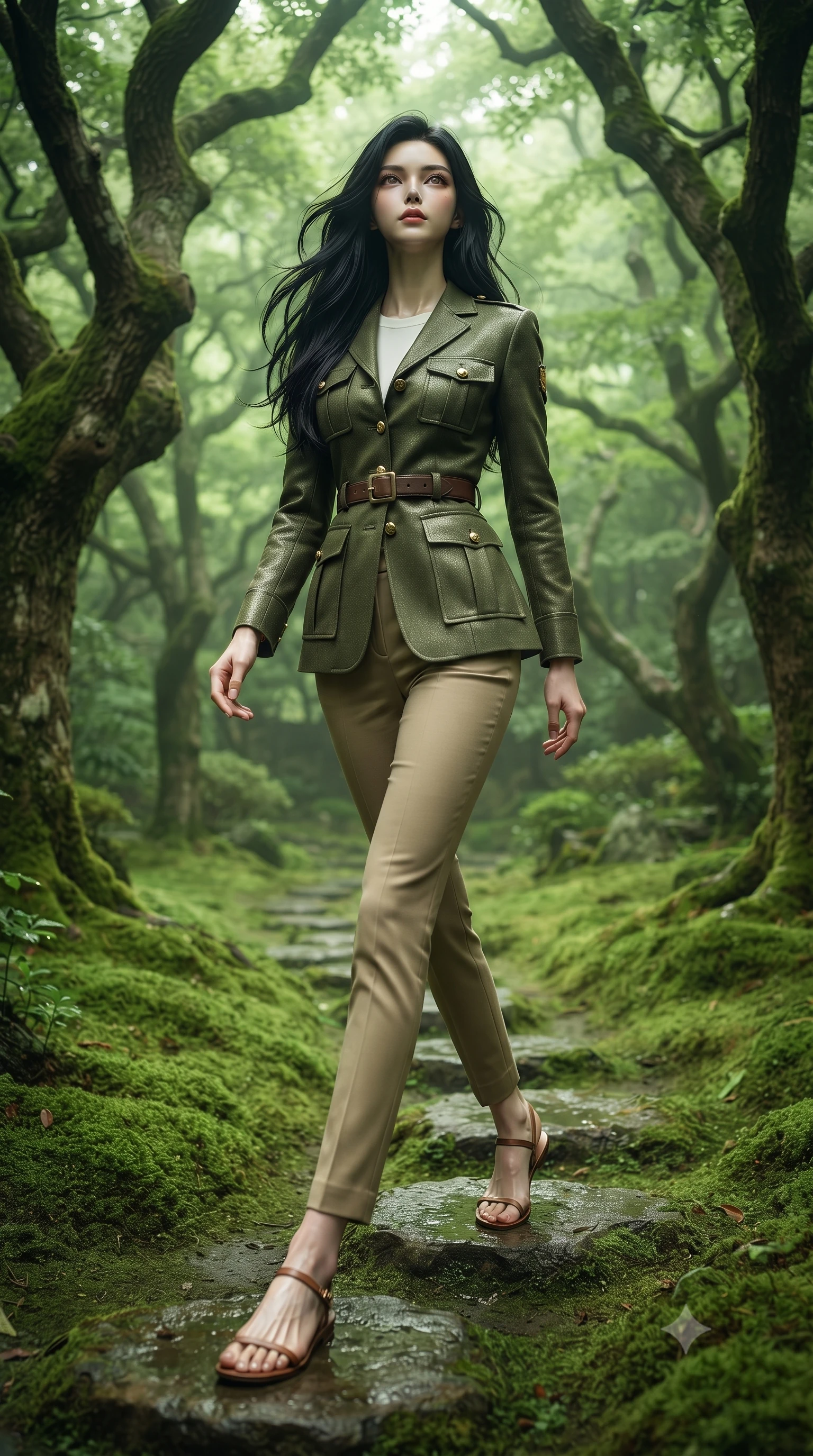 score_9, masterpiece, best quality, ultra-detailed, high-budget anime keyframe, editorial fashion photography, tasteful artistic composition, Korean woman woman. low angle full-body shot from head to toe showing her feet, filling the entire 9:16 vertical frame with her statuesque presence, stretching her vertical silhouette. stepping gracefully across a stone path in the garden the background shows a soft-focus a quiet glen covered in a thick carpet of emerald green moss, surrounded by old oak trees. She has an absolutely perfect, statuesque 8.5-heads proportion, an exceptionally tall and slender model-like female figure with impossibly long slender legs and an ultra-slim waist. sharp v-shaped jawline, high-bridge nose, intricate jewel-like eyes with depth, thick eyelashes, glossy lips with a natural sheen. wearing a body-hugging tailored olive green safari jacket over a white crewneck top and khaki pants. soft diffused green light filtering through the dense canopy. ultra-reflective glossy finish, specular highlights, metallic sheen, high-contrast stereoscopic depth, volumetric dynamic lighting, 2k, ultra detail, master piece, 9:16 ratio