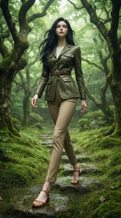 score_9, masterpiece, best quality, ultra-detailed, high-budget anime keyframe, editorial fashion photography, tasteful artistic composition, Korean woman woman. low angle full-body shot from head to toe showing her feet, filling the entire 9:16 vert