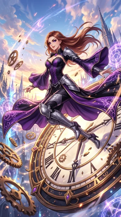 score_9, masterpiece, best quality, ultra-detailed, High-budget Anime Keyframe, beautiful Caucasian anime girl (strictly human ears). Dynamic full-body shot stretching the vertical silhouette with her statuesque presence. Leaping through a giant cloc