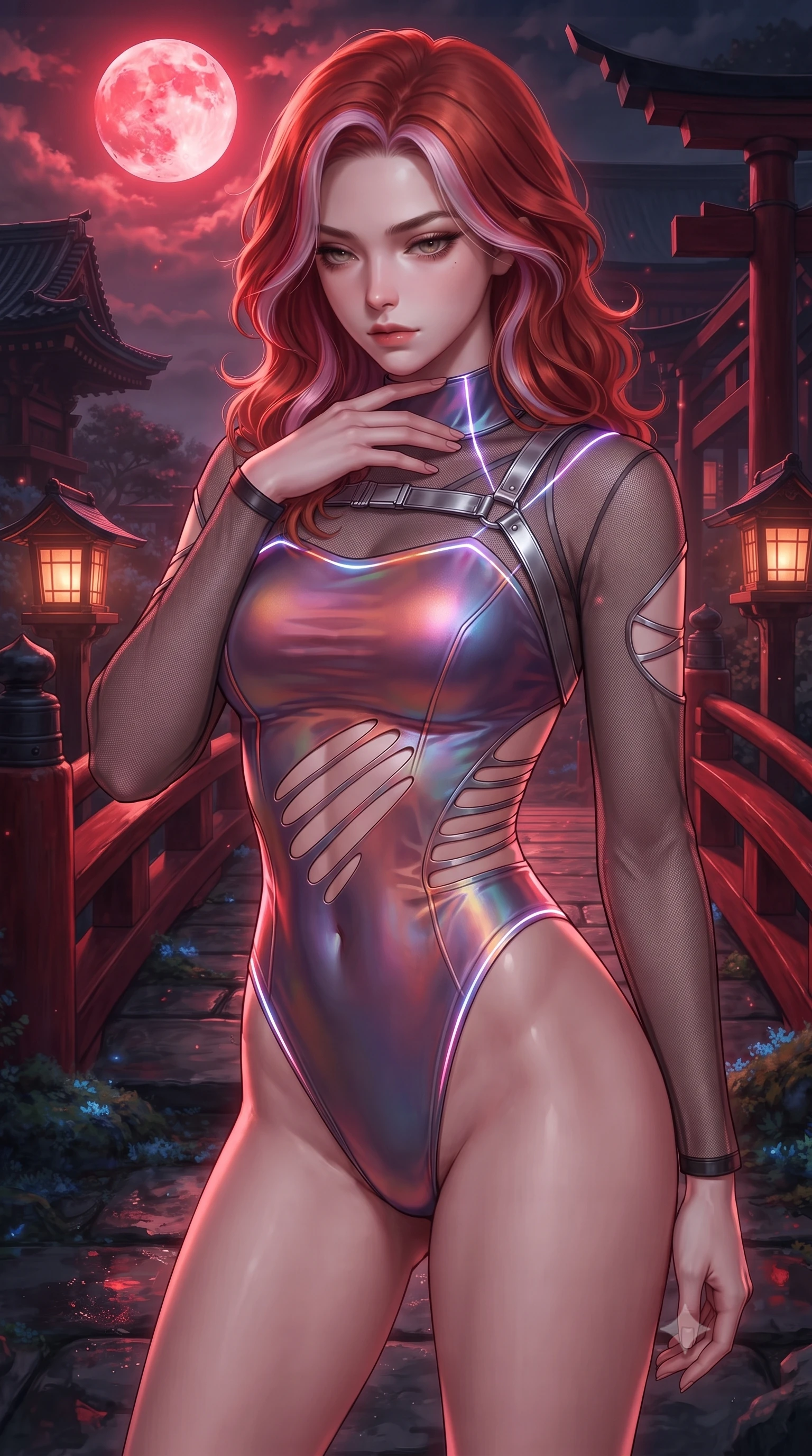 score_9, masterpiece, best quality, ultra-detailed, high-budget anime keyframe, editorial fashion photography, tasteful artistic composition, Caucasian woman. close-up cowboy shot from the waist and thighs up, the character dominates the composition, filling the frame with her large presence. resting her fingers lightly against her throat while looking down with a smoldering, haughty yet intensely captivating glance while pivoting gracefully beside a digital stone lantern as crimson moonlight casts a dramatic S-curve silhouette. The surrounding environment is rendered in vivid detail and crisp panoramic clarity. intricate black lacquer wood grain, glowing blue moss textures, and vermilion bridge carvings in deep focus. She has an exceptionally elegant, slender, and willowy female figure with an ultra-slim waist, a gracefully sculpted slender torso, and a refined silhouette. sharp v-shaped jawline, high-bridge nose, intricate jewel-like eyes with depth, thick eyelashes, glossy lips with a natural sheen, flawlessly proportioned anatomical accuracy, natural body alignment, perfectly sculpted elegant limbs, clean dynamic posture without body distortion. wearing an ultra-sleek high-cut tech-bodysuit featuring dangerous diagonal slitted cutouts on the midriff and shoulders, reinforced by a metallic silver harness and sheer mesh sleeves in translucent smoky quartz and iridescent holographic sheen, made of smooth iridescent silk chiffon that shifts colors with movement, accented with glowing fiber-optic seams tracing her collarbones and hip curves, the daring cutouts accentuating her delicate midriff, graceful collarbones, and feminine contour. illuminated by soft warm lantern glow and sharp specular highlights on wet stone. ultra-reflective glossy finish, specular highlights, metallic sheen, high-contrast stereoscopic depth, volumetric dynamic lighting, 2k, ultra detail, master piece, 9:16 ratio