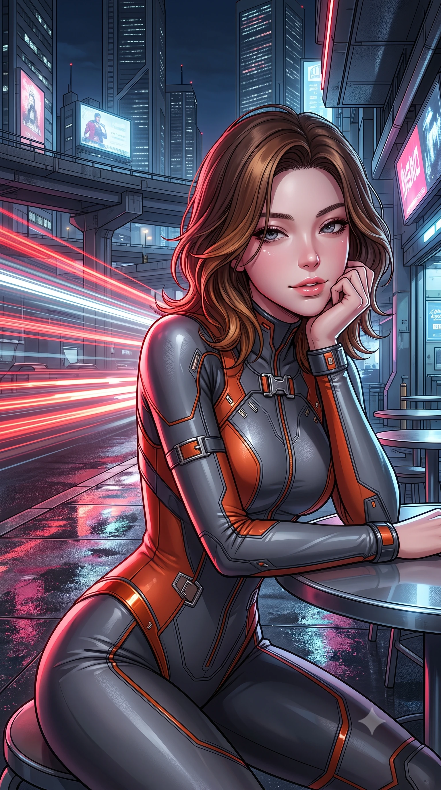 score_9, masterpiece, best quality, ultra-detailed, high-budget anime keyframe, semi-realistic 3D game render, editorial fashion photography, tasteful artistic composition, Korean woman. close-up cowboy shot from the waist and thighs up, the character dominates the composition, filling the frame with her large presence. resting one elbow on the table and supporting her chin, leaning close to the camera with heavy-lidded sparkling eyes and parted lips while twisting her slender torso in an alluring contrapposto stance, long red and white aerocar light trails creating streaks of brilliance across her narrow waist and hips. The surrounding environment is rendered in vivid detail and crisp panoramic clarity: detailed anime keyframe lines, rich glossy textures, and futuristic megalopolis highway infrastructure in razor-sharp precision. She has an exceptionally elegant, slender, and willowy female figure with an ultra-slim waist, flat toned midriff, narrow ribcage, and sculpted feminine hips creating an alluring, slim hourglass silhouette without bulk. sharp v-shaped jawline, high-bridge nose, intricate jewel-like sparkling eyes with depth, thick eyelashes, glossy parted lips with a natural peach sheen, bright cheerful beaming smile with an enchanting and coquettish sensual glint, exuding both youthful cute charm and seductive allure, flawlessly proportioned anatomical accuracy, strict slender model proportions, natural body alignment, perfectly sculpted long slender limbs, ultra-slim waistline, clean dynamic posture without body distortion. wearing a sleek second-skin cyber-pilot bodysuit with high-gloss patent leather panels accentuating her ultra-slim waistline in volcanic ember orange and brushed gunmetal, made of fluid liquid jersey with seamless sculpting hold and smooth contours, finished with sleek magnetic buckle closures fluttering in the breeze, the second-skin tailored fabric adhering flawlessly to her sculpted flat midriff and slender torso, emphasizing her long leg lines and perfectly proportioned willowy build. illuminated by wet concrete reflection bounce and sharp ruby-white rim lights sculpting her jawline, narrow waist, and curvy hips. highly saturated vibrant anime colors, detailed shading with soft gradients, rich glossy textures, high-contrast stereoscopic depth, volumetric dynamic lighting, master piece, 9:16 ratio