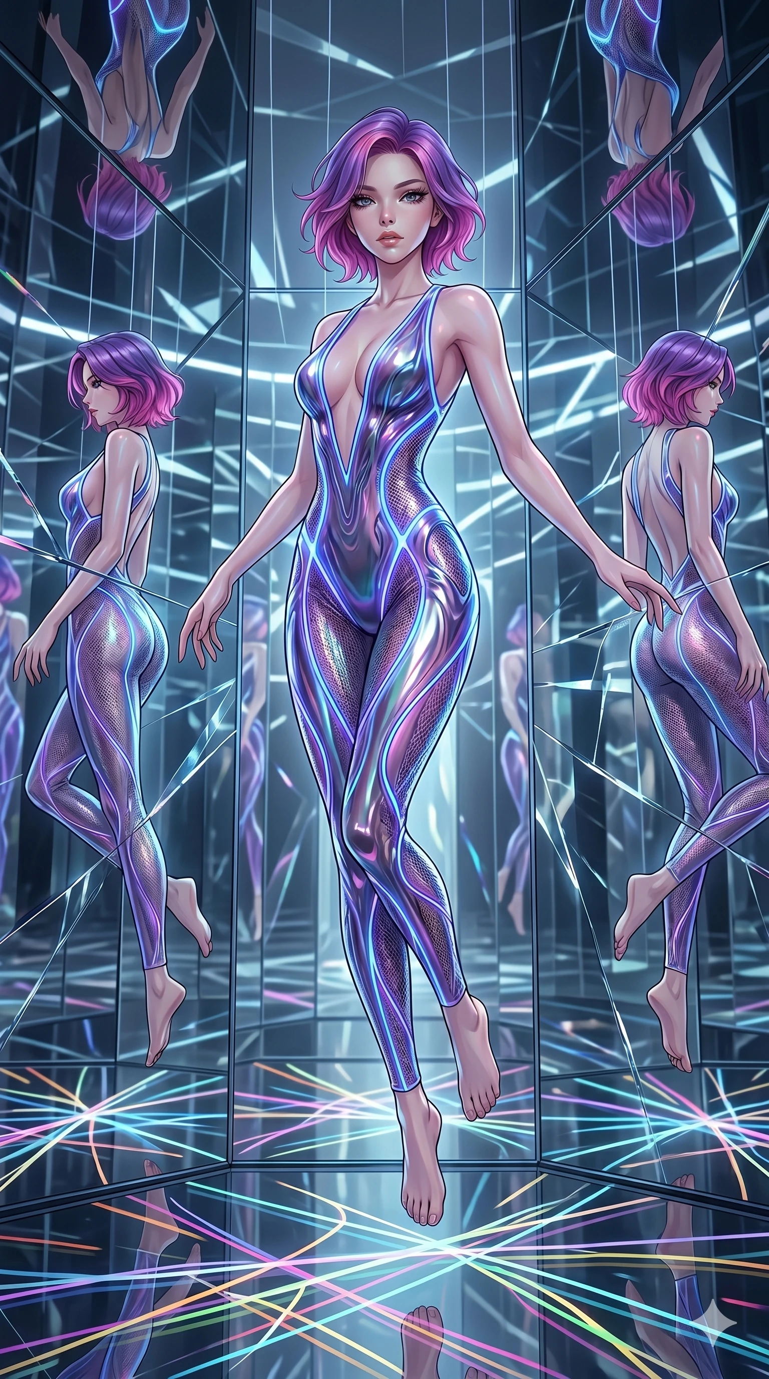score_9, masterpiece, best quality, ultra-detailed, High-budget Anime Keyframe, East Asian woman. Dynamic full-body shot stretching the vertical silhouette to the limit. Scenario 296: Suspended by invisible silk threads in a hall of mirrors. Her presence is magnetic and overpowering in this high-budget anime scene. Outfit 296: A molten liquid silk mesh with a plunging V-neckline and glowing LED seams. The clothing is designed to emphasize her exceptionally tall and slender 8-heads proportion. 8-heads proportion, towering silhouette, ultra-slim waist. sharp v-shaped jawline, intricate jewel-like eyes with depth, thick eyelashes, glossy lips. 2k, ultra detail, master piece, 9:16 ratio