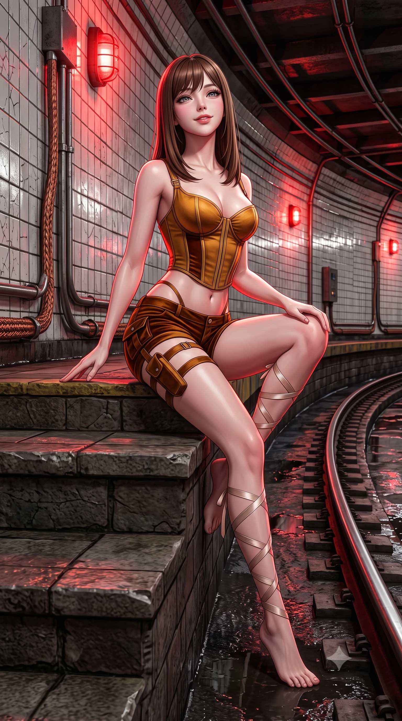 score_9, masterpiece, best quality, ultra-detailed, high-budget anime keyframe, semi-realistic 3D game render, editorial fashion photography, tasteful artistic composition, Korean woman. low angle full-body shot from head to toe showing her feet, filling the entire 9:16 vertical frame with her statuesque presence, stretching her vertical silhouette. sitting poised on the stone steps with one knee bent, arching her spine with supermodel elegance as she glances upward through thick eyelashes while walking along the curved subway maintenance tracks, arching her back with predatory siren elegance as red emergency lights pulse. The surrounding environment is rendered in vivid detail and crisp panoramic clarity: sharp ceramic subway wall tile crazing, steel rail sheen, and braided conduit copper ground straps in deep focus. She has an absolutely perfect, statuesque 8.5-heads proportion, an exceptionally tall and slender model-like female figure with impossibly long slender legs, an ultra-slim waist, a flat toned midriff, narrow delicate ribcage, and beautifully sculpted feminine hips creating a graceful, slim hourglass silhouette without any bulky heaviness. sharp v-shaped jawline, high-bridge nose, sparkling eyes with hypnotic seductive depth, thick curled eyelashes, glossy parted lips with a natural dewy peach sheen, alluring bedroom-eyes with an enchanting coquettish smile, exuding magnetic siren charisma and sophisticated glamour, flawlessly proportioned anatomical accuracy, strict slender model proportions, natural body alignment, perfectly sculpted long slender limbs, ultra-slim waistline, clean dynamic posture without body distortion. wearing a structured boned tactical leatherette corset bodice paired with low-rise cargo hot-pants and thigh holster straps in warm amber honey and antique gold leaf, tailored from ultra-plush velvet with rich tactile depth and deep shadow gradients, finished with delicate satin ballet ribbon ties criss-crossing up her slender calves to the knee, the precision-cut side openings and low-back scoop framing her graceful spine and the sensual sweep of her slim, toned hips. illuminated by wet track puddle bounce and sharp deep-red rim lights sculpting her jawline, flat midriff, and voluptuous hip curves. highly saturated vibrant anime colors, detailed shading with soft gradients, rich glossy textures, high-contrast stereoscopic depth, volumetric dynamic lighting, master piece, 9:16 ratio