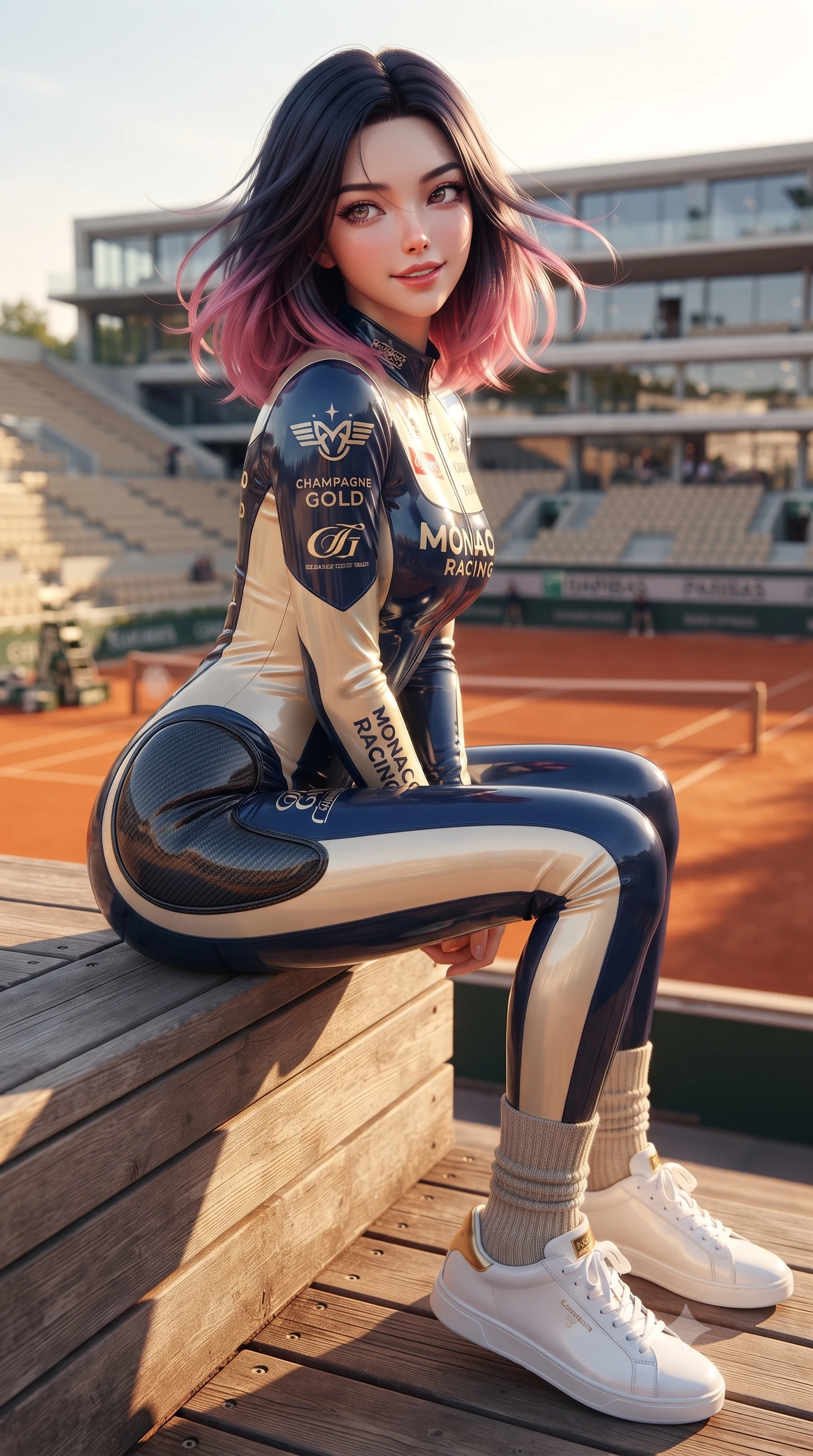 score_9, masterpiece, best quality, ultra-detailed, high-budget anime keyframe, editorial fashion photography, tasteful artistic composition, Korean woman. close-up cowboy shot from the waist and thighs up, the character dominates the composition, filling the frame with her large presence. turning slowly with a smoldering smile, her glossy hair tossing in the breeze as her hips angle gracefully in a captivating contrapposto while sitting perched on the wooden veranda steps overlooking Court Philippe-Chatrier, arching her spine with Parisian haute-couture elegance. The surrounding environment is rendered in vivid detail and crisp panoramic clarity: detailed pleated skirt weave, warm clay-court glow on skin, and modern French stadium architecture in high clarity. She has an exceptionally elegant, slender, and willowy female figure with an ultra-slim waist, flat toned midriff, narrow ribcage, and sculpted feminine hips creating an alluring, slim hourglass silhouette without bulk. sharp v-shaped jawline, high-bridge nose, sparkling eyes with athletic focus and depth, thick curled eyelashes, glossy parted lips with a natural coral-peach sheen, bright confident and coquettish smile with alluring bedroom-eyes, exuding both youthful sporty vigor and sovereign high-society glamour, flawlessly proportioned anatomical accuracy, strict slender model proportions, natural body alignment, perfectly sculpted long slender limbs, ultra-slim waistline, clean dynamic posture without body distortion. wearing a second-skin compression stretch racing catsuit with racing team sponsor graphics and sculpted carbon hip guards in Monaco navy blue and cream champagne gold, made of high-gloss reflective patent leather with mirror-like specular highlights, complemented by ribbed knit crew socks and clean white designer court sneakers, the form-contouring athletic cut accentuating her sculpted flat midriff, narrow delicate ribcage, and gracefully curvy hips with supermodel precision. bathed in glowing late-afternoon Paris golden hour light warming the orange clay surfaces. ultra-reflective glossy finish, specular highlights, rich textural contrasts, high-contrast stereoscopic depth, volumetric dynamic lighting, 2k, ultra detail, master piece, 9:16 ratio