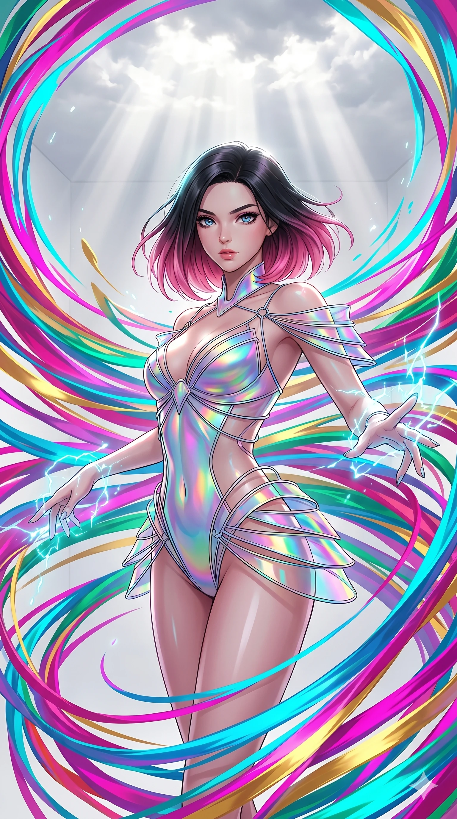 score_9, masterpiece, best quality, ultra-detailed, high-budget anime keyframe, editorial fashion photography, tasteful artistic composition, Korean woman. upper body close-up from the thighs up, character filling the screen for maximum presence. spinning in the center of in a white gallery void where thousands of vivid acrylic paint ribbons swirl while sparks of electric cyan light crackle around her fingertips. She has an absolutely perfect 8-heads proportion, an exceptionally tall and slender female figure with impossibly long slender legs and an ultra-slim waist. V-shaped jawline, high-bridge nose, intricate jewel-like eyes with depth, thick eyelashes, glossy lips with a natural sheen.. wearing a holographic ribbon shell armor, featuring thin iridescent plates linked by wire straps over a sleek contouring base. bathed in dramatic god rays filtering through clouds with high specular highlights along her silhouette. 2k, ultra detail, master piece, 9:16 ratio