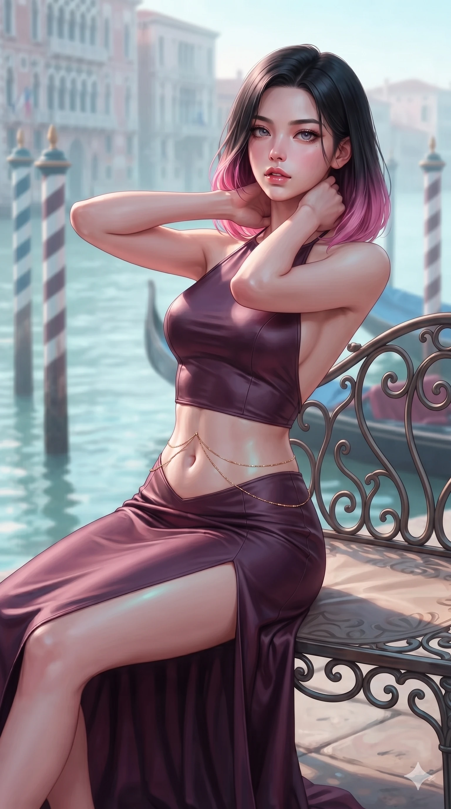 score_9, masterpiece, best quality, ultra-detailed, high-budget anime keyframe, semi-realistic 3D game render, editorial fashion photography, tasteful artistic composition, Korean woman. close-up cowboy shot from the waist and thighs up, the character dominates the composition, filling the frame with her large presence. resting both hands lightly behind her neck with elbows raised, arching her spine to highlight her narrow waist, flat midriff, and breathtaking collarbones while lounging gracefully across a wrought-iron terrace settee, her flat midriff and feminine hips bathed in soft morning mist reflecting canal turquoise. The composition keeps background elements in soft focus with creamy bokeh: mist-veiled Grand Canal waters, striped wooden gondola mooring poles, and distant gothic palazzo facades blurred into aquamarine, rose, and misty silver bokeh. She has an exceptionally elegant, slender, and willowy female figure with an ultra-slim waist, flat toned midriff, narrow ribcage, and sculpted feminine hips creating an alluring, slim hourglass silhouette without bulk. sharp v-shaped jawline, high-bridge nose, intricate jewel-like eyes with depth, thick eyelashes, glossy parted lips with a natural sheen, intensely captivating and seductive bedroom-eyes expression, flawlessly proportioned anatomical accuracy, strict slender model proportions, natural body alignment, perfectly sculpted long slender limbs, ultra-slim waistline, clean dynamic posture without body distortion. wearing a tailored silk halter dress with an open back and graceful side slit flowing to the floor in deep plum violet and antique bronze, tailored from heavy Italian silk mikado with an architectural structured drape, accented with a dainty gold belly chain resting across her flat midriff and curving hips, the form-contouring silhouette accentuating her sculpted flat midriff, narrow delicate ribcage, and gracefully curvy hips with intoxicating allure. bathed in luminous morning canal light with soft cyan reflections bouncing off the water surface. highly saturated vibrant anime colors, detailed shading with soft gradients, rich glossy textures, high-contrast stereoscopic depth, volumetric dynamic lighting, master piece, 9:16 ratio