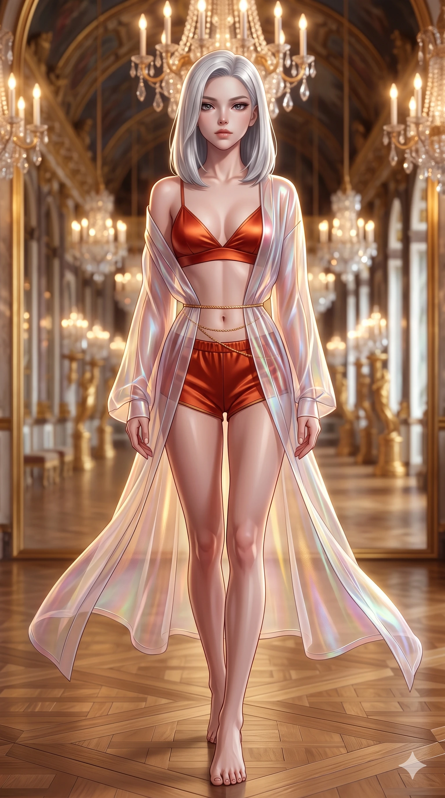 score_9, masterpiece, best quality, ultra-detailed, high-budget anime keyframe, semi-realistic 3D game render, editorial fashion photography, tasteful artistic composition, Korean woman. low angle full-body shot from head to toe showing her feet, filling the entire 9:16 vertical frame with her statuesque presence, stretching her vertical silhouette. stepping forward in a confident stride, her long slender legs and curvaceous hips creating a dynamic, sweeping vertical line while standing poised in the grand mirror gallery, arching her lower back with sovereign supermodel grace as endless reflections recede into gilded infinity. The background shows a soft-focus infinite receding gilded mirror reflections, multi-tiered crystal chandeliers, and polished parquet flooring blurred into gold, crystal, and champagne bokeh. She has an exceptionally tall and slender model-like 8.5-heads proportion, an ultra-slim waist, a flat toned midriff, narrow delicate ribcage, and beautifully sculpted feminine hips creating a graceful, slim hourglass silhouette without any bulky heaviness, with impossibly long slender legs. sharp v-shaped jawline, high-bridge nose, intricate jewel-like sparkling eyes with depth, thick eyelashes, glossy parted lips with a natural sheen, intensely captivating and seductive bedroom-eyes expression, exuding both youthful cute charm and sovereign luxury allure, flawlessly proportioned anatomical accuracy, strict slender model proportions, natural body alignment, perfectly sculpted long slender limbs, ultra-slim waistline, clean dynamic posture without body distortion. wearing a translucent iridescent organza kimono robe slipping off bare shoulders over a matching satin micro-bralette and micro-shorts in imperial vermilion silk and warm bronze, made of fluid liquid jersey with seamless sculpting hold and smooth contours, accented with a dainty gold belly chain resting across her flat midriff and curving hips, the form-contouring material adhering flawlessly to her sculpted flat midriff and slender torso, emphasizing her long leg lines and perfectly proportioned willowy build. illuminated by mirrored wall bounce and sharp diamond-gold rim lights carving her sculpted collarbones, ultra-slim waist, and curvy hips. highly saturated vibrant anime colors, detailed shading with soft gradients, rich glossy textures, high-contrast stereoscopic depth, volumetric dynamic lighting, master piece, 9:16 ratio