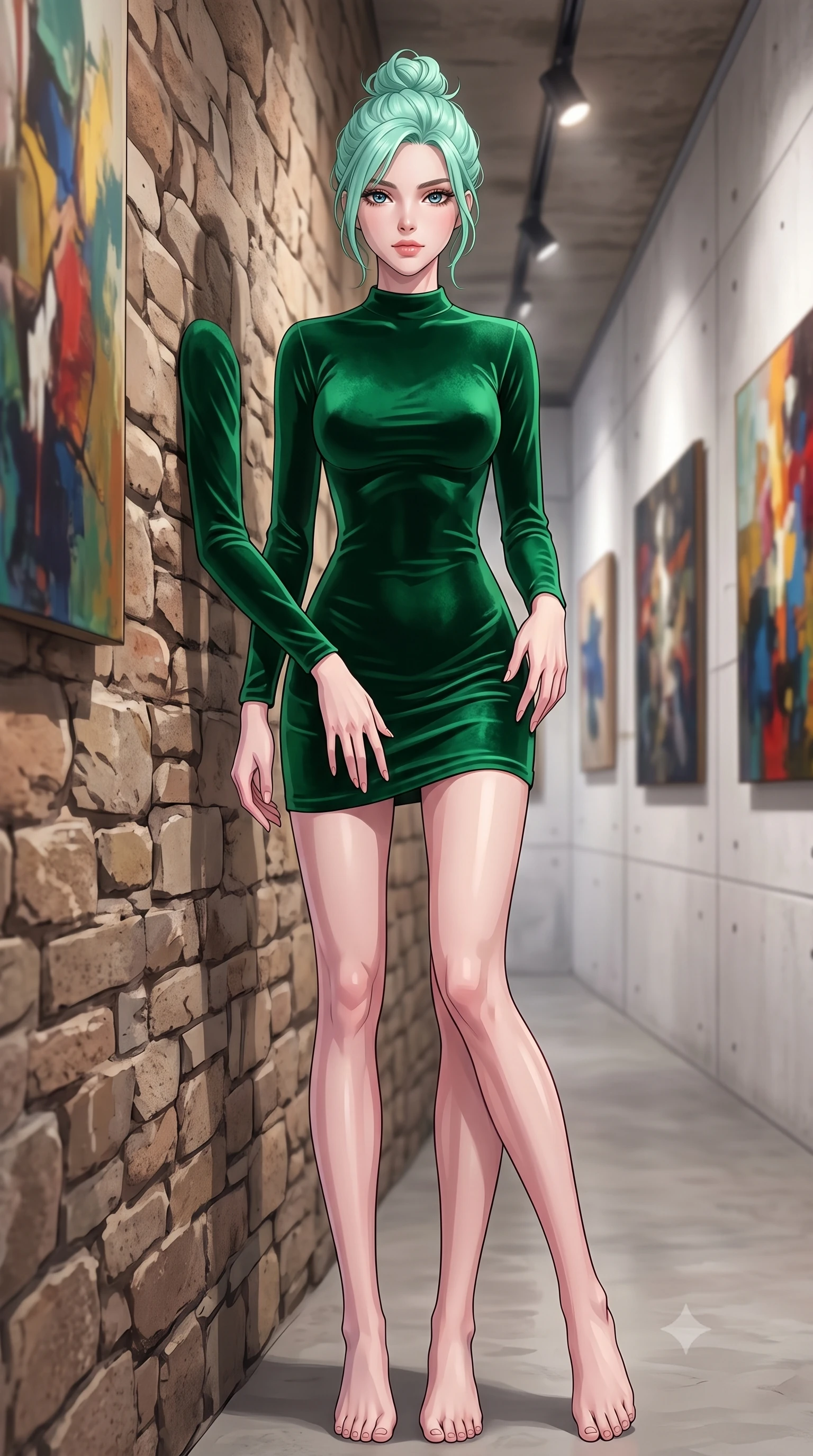 score_9, masterpiece, best quality, ultra-detailed, high-budget anime keyframe, tasteful artistic composition, Japanese woman. low angle full-body shot from head to toe showing her feet, filling the entire 9:16 vertical frame with her statuesque presence, stretching her vertical silhouette. leaning back against a rustic stone wall, casting a slow, alluring gaze at the camera the background shows a soft-focus a private art gallery corridor with white concrete walls and abstract oil paintings. She has an absolutely perfect, statuesque 8.5-heads proportion, an exceptionally tall and slender model-like female figure with impossibly long slender legs and an ultra-slim waist. sharp v-shaped jawline, high-bridge nose, intricate jewel-like eyes with depth, thick eyelashes, glossy lips with a natural sheen. wearing a tailored body-hugging emerald green velvet dress with a simple mock-neck collar. focused art spotlights casting clean, structured lighting over her figure. highly saturated vibrant anime colors, cel-shading, 2d style, master piece, 9:16 ratio