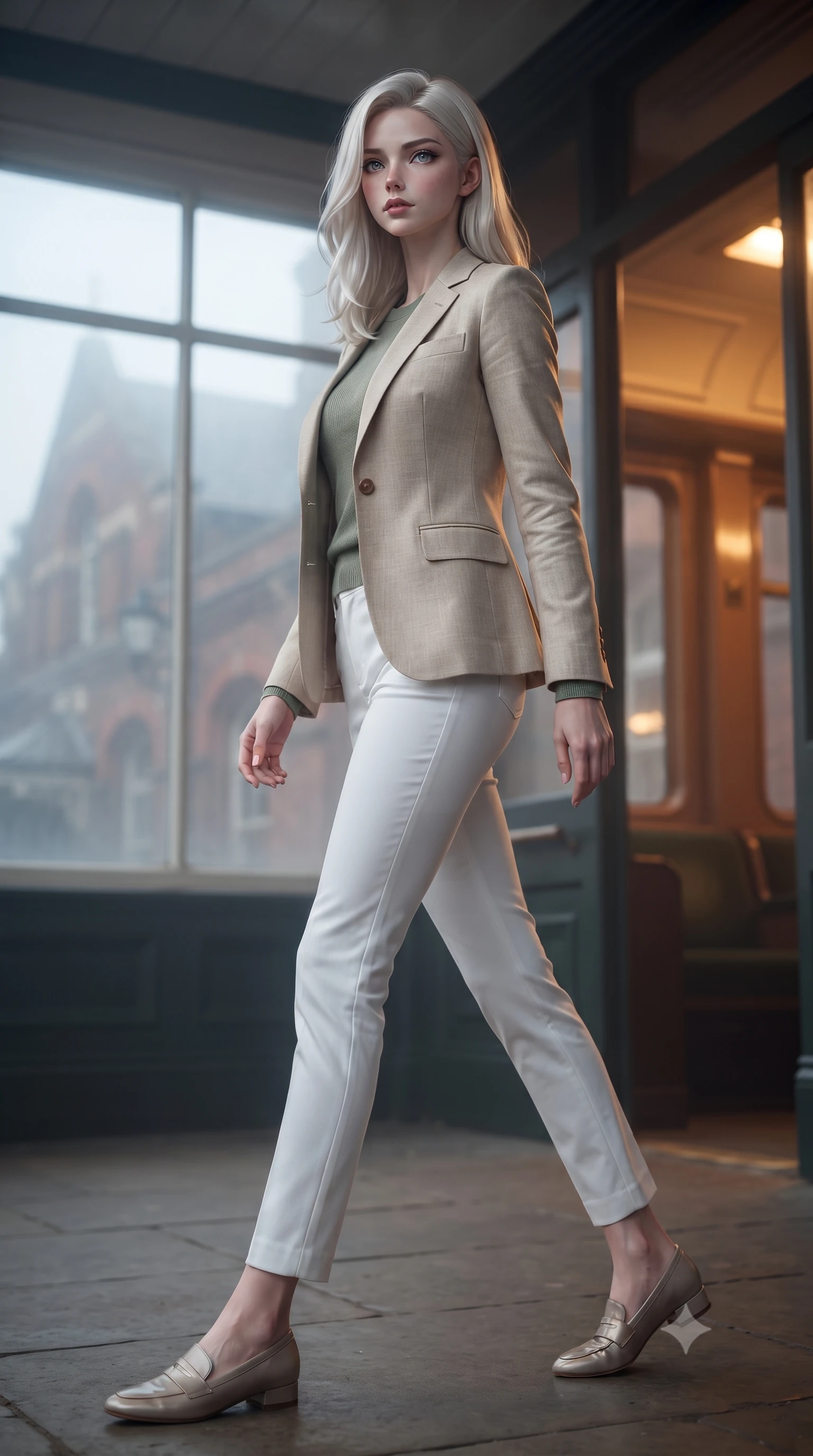 score_9, masterpiece, best quality, ultra-detailed, high-budget anime keyframe, editorial fashion photography, tasteful artistic composition, Caucasian woman. low angle full-body shot from head to toe showing her feet, filling the entire 9:16 vertical frame with her statuesque presence, stretching her vertical silhouette. stepping gracefully while looking back over her shoulder, her dress draped tightly to reveal her silhouette the background shows a soft-focus a train platform vestibule with misty windows showing a historic brick station. She has an absolutely perfect, statuesque 8.5-heads proportion, an exceptionally tall and slender model-like female figure with impossibly long slender legs and an ultra-slim waist. sharp v-shaped jawline, high-bridge nose, intricate jewel-like eyes with depth, thick eyelashes, glossy lips with a natural sheen. wearing a slim-fit tailored beige linen blazer over a sage green knit top and white trousers. cool ambient daylight contrasting with the warm amber glow of the train's interior lights. ultra-reflective glossy finish, specular highlights, metallic sheen, high-contrast stereoscopic depth, volumetric dynamic lighting, 2k, ultra detail, master piece, 9:16 ratio