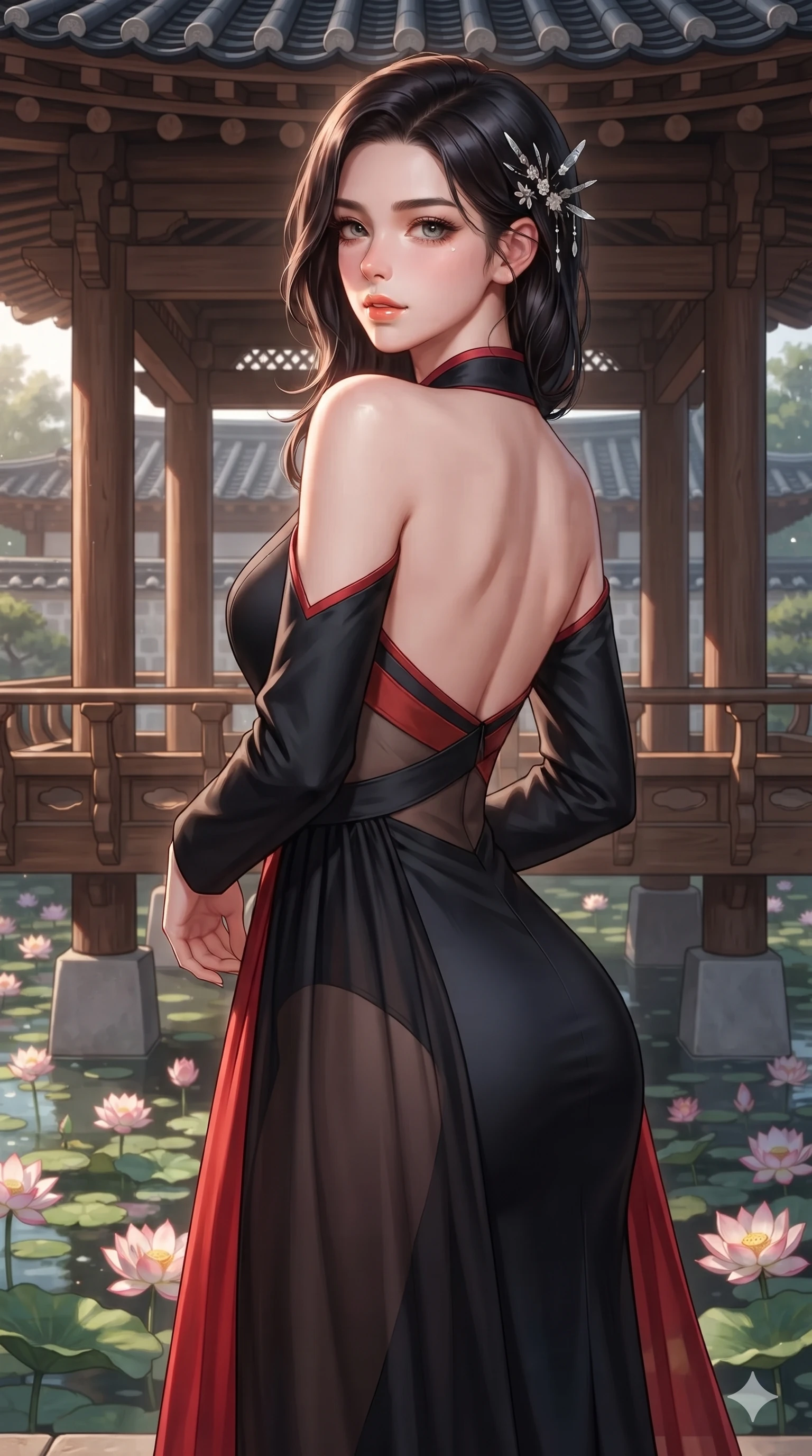 score_9, masterpiece, best quality, ultra-detailed, high-budget anime keyframe, editorial fashion photography, tasteful artistic composition, Korean woman. close-up cowboy shot from the waist and thighs up, the character dominates the composition, filling the frame with her large presence. posing in an alluring rear three-quarter angle, looking over a bare shoulder with parted glossy lips, her hips cocked back to highlight her slim hourglass curve while standing poised at the edge of the open-air pavilion, looking out over the blooming lotus blossoms with sleepy, seductive bedroom-eyes. The surrounding environment is rendered in vivid detail and crisp panoramic clarity: detailed backless silk halter leotard tailoring, sheer wrap overskirt drape, and traditional Korean pavilion joinery in razor-sharp precision. She has an exceptionally elegant, slender, and willowy female figure with an ultra-slim waist, flat toned midriff, narrow ribcage, and sculpted feminine hips creating an alluring, slim hourglass silhouette without bulk. sharp v-shaped jawline, high-bridge nose, sparkling eyes with hypnotic seductive depth, thick curled eyelashes, glossy parted lips with a natural dewy peach sheen, alluring bedroom-eyes with an enchanting coquettish smile, exuding magnetic siren charisma and sophisticated glamour, flawlessly proportioned anatomical accuracy, strict slender model proportions, natural body alignment, perfectly sculpted long slender limbs, ultra-slim waistline, clean dynamic posture without body distortion. wearing a tailored silk faille evening gown with traditional curved dongjeong collar and tailored sleeves in midnight obsidian black and rich cinnabar red, tailored from heavy double-faced silk faille with an exceptionally fluid drape, finished with delicate mother-of-pearl hairpin ornaments glinting in her dark glossy hair, the impeccably tailored cut draping gracefully along her slender figure with aristocratic eastern poise. illuminated by pond surface moonbeam bounce and sharp platinum rim lights sculpting her razor-sharp jawline, narrow waist, and curvy hips. ultra-reflective glossy finish, specular highlights, rich textural contrasts, high-contrast stereoscopic depth, volumetric dynamic lighting, 2k, ultra detail, master piece, 9:16 ratio