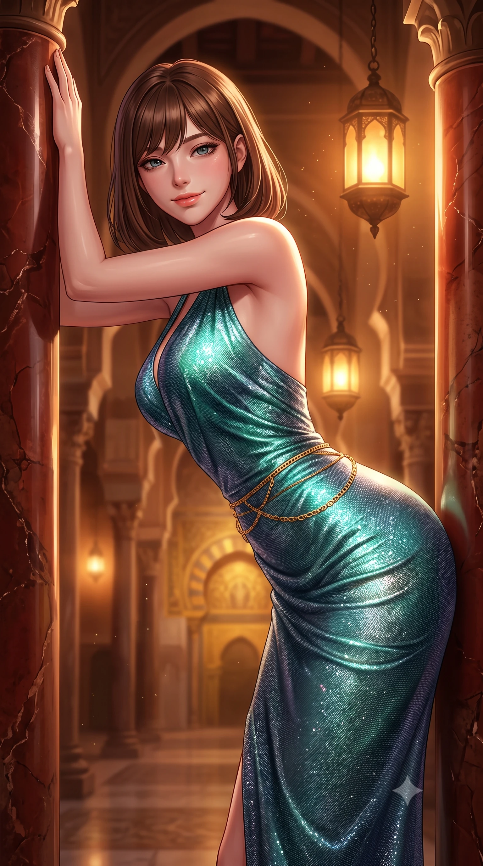 score_9, masterpiece, best quality, ultra-detailed, high-budget anime keyframe, semi-realistic 3D game render, editorial fashion photography, tasteful artistic composition, Korean woman. close-up cowboy shot from the waist and thighs up, the character dominates the composition, filling the frame with her large presence. leaning forward while arching her lower back to accentuate her curvy hips, looking into the camera with an intoxicating smoldering gaze and bedroom-eyes while leaning against a polished jasper column with hips cocked back, looking through the hypostyle vistas with heavy-lidded bedroom-eyes. The background shows a soft-focus distant mihrab gold mosaic radiance softened in historic Andalusian cathedral-mosque shallow focus. She has an exceptionally elegant, slender, and willowy female figure with an ultra-slim waist, flat toned midriff, narrow ribcage, and sculpted feminine hips creating an alluring, slim hourglass silhouette without bulk. sharp v-shaped jawline, high-bridge nose, intricate jewel-like sparkling eyes with depth, thick eyelashes, glossy parted lips with a natural peach sheen, bright cheerful beaming smile with an enchanting and coquettish sensual glint, exuding both youthful cute charm and seductive allure, flawlessly proportioned anatomical accuracy, strict slender model proportions, natural body alignment, perfectly sculpted long slender limbs, ultra-slim waistline, clean dynamic posture without body distortion. wearing a form-fitting Andalusian liquid silk jersey flamenco-draped cocktail dress clinging to her narrow waist and rounded hips in Arctic aurora borealis emerald and starlight diamond, woven from structured British tweed with subtle metallic flecks, accented with a dainty gold belly chain resting across her flat midriff and curving hips, the glove-like clinging cut tightly following the natural contour of her hips and long slender legs with youthful 8.5-heads elegance. bathed in the warm mystical 2300K amber glow of hanging bronze lantern lamps dimmed to an evening ceremony ambiance. highly saturated vibrant anime colors, detailed shading with soft gradients, rich glossy textures, high-contrast stereoscopic depth, volumetric dynamic lighting, master piece, 9:16 ratio