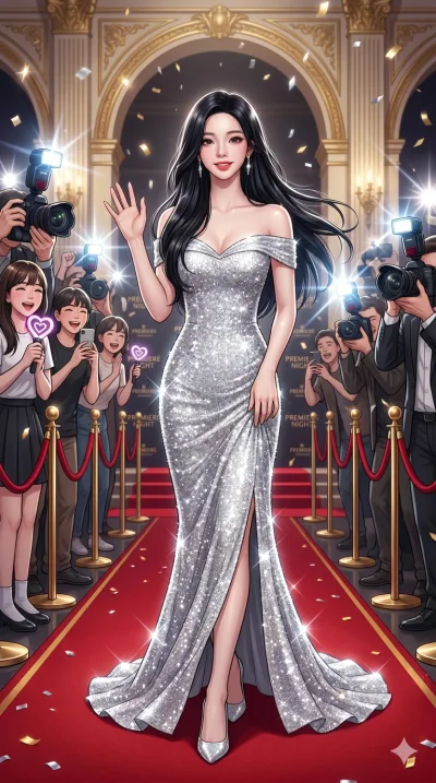 score_9, score_8_up, score_7_up, source_anime, masterpiece, best quality, ultra-detailed, same character with long flowing black hair, wearing a dazzling sparkling silver evening gown with high heels, full body shot walking gracefully down a red carp