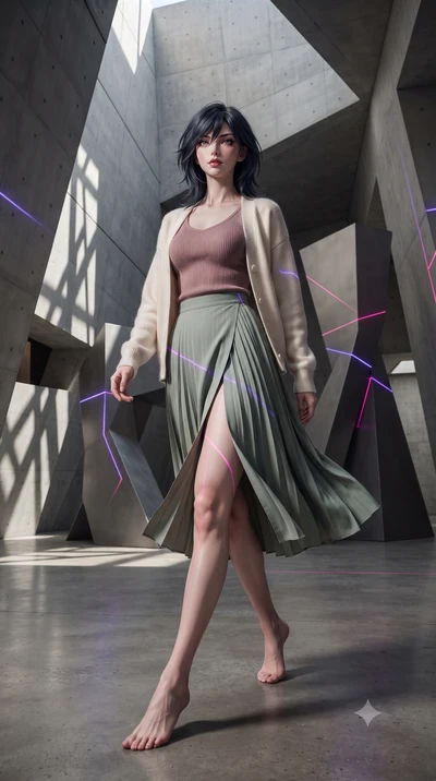 score_9, masterpiece, best quality, ultra-detailed, high-budget anime keyframe, editorial fashion photography, tasteful artistic composition, Caucasian woman, strictly human ears. low angle full-body shot from head to toe showing her feet, filling th
