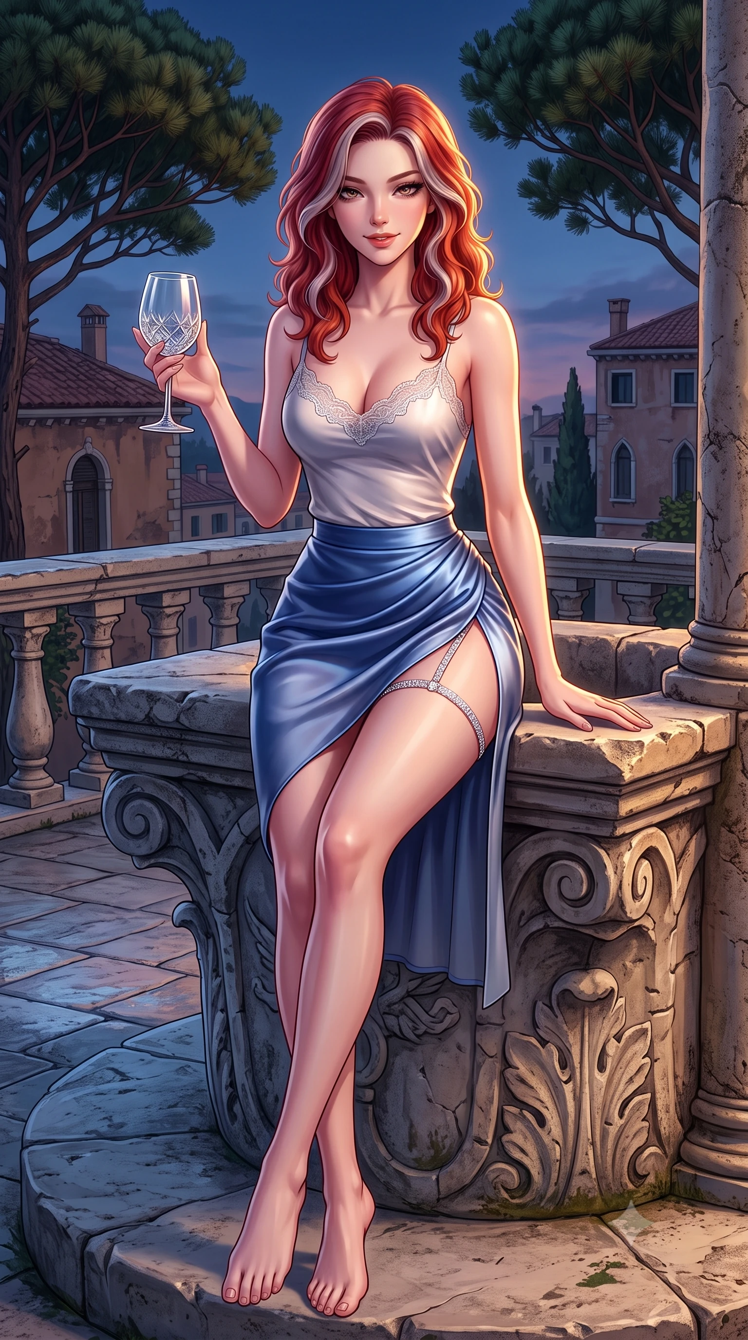 score_9, masterpiece, best quality, ultra-detailed, high-budget anime keyframe, semi-realistic 3D game render, editorial fashion photography, tasteful artistic composition, Caucasian woman. close-up cowboy shot from the waist and thighs up, the character dominates the composition, filling the frame with her large presence. leaning forward while arching her lower back to accentuate her curvy hips, looking into the camera with an intoxicating smoldering gaze and bedroom-eyes while sitting poised on the ancient stone well-head with legs crossed, holding a crystal wine glass with effortless royal cool. The surrounding environment is rendered in vivid detail and crisp panoramic clarity: sharp weathered medieval stone carving, umbrella pine needle textures, and wine glass facets in deep focus. She has an exceptionally elegant, slender, and willowy female figure with an ultra-slim waist, flat toned midriff, narrow ribcage, and sculpted feminine hips creating an alluring, slim hourglass silhouette without bulk. sharp v-shaped jawline, high-bridge nose, sparkling eyes with hypnotic seductive depth, thick curled eyelashes, glossy parted lips with a natural dewy peach sheen, alluring bedroom-eyes with an enchanting coquettish smile, exuding magnetic siren charisma and sophisticated glamour, flawlessly proportioned anatomical accuracy, strict slender model proportions, natural body alignment, perfectly sculpted long slender limbs, ultra-slim waistline, clean dynamic posture without body distortion. wearing a delicate lace-trimmed silk camisole paired with a draped satin tulip mini skirt with high side slit in Monte Carlo sapphire and liquid platinum, made of semi-opaque stretch illusion mesh with soft shadowy contours, finished with delicate crystal-encrusted thigh garter straps glinting in the dim light, the form-contouring silhouette accentuating her sculpted flat midriff, narrow delicate ribcage, and gracefully curvy hips with intoxicating allure. illuminated by stone terrace reflection bounce and sharp warm-gold rim lights sculpting her razor-sharp jawline, narrow waist, and curvy hips. highly saturated vibrant anime colors, detailed shading with soft gradients, rich glossy textures, high-contrast stereoscopic depth, volumetric dynamic lighting, master piece, 9:16 ratio