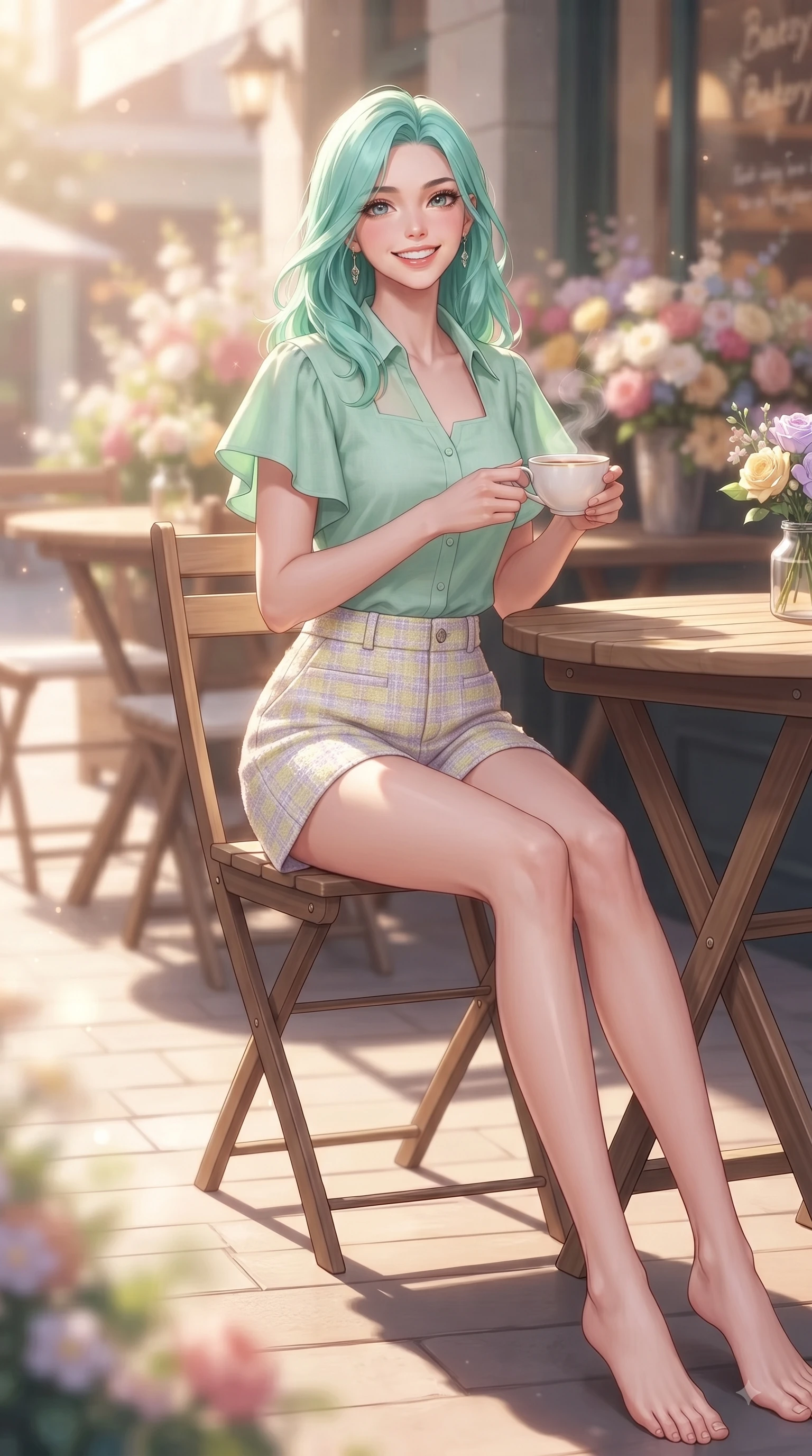 score_9, masterpiece, best quality, ultra-detailed, high-budget anime keyframe, editorial fashion photography, tasteful artistic composition, Japanese woman. low angle full-body shot from head to toe showing her feet, filling the entire 9:16 vertical frame with her statuesque presence, stretching her vertical silhouette. performing a cheerful mid-motion turn with flawless poise, her radiant smile capturing fresh girlhood energy while sitting gracefully at a sunlit wooden terrace table of a cozy bakery with a steaming cup of tea. The composition keeps background elements in soft focus with dreamy bokeh. sunlit outdoor cafe tables and decorative bloom displays blurring into gentle warm background light. She has an absolutely perfect, statuesque 8.5-heads proportion, an exceptionally tall and slender model-like female figure with impossibly long slender legs and an ultra-slim waist. sharp v-shaped jawline, high-bridge nose, intricate jewel-like eyes with depth, thick eyelashes, glossy lips with a natural sheen, flawlessly proportioned anatomical accuracy, natural body alignment, perfectly sculpted elegant limbs, clean dynamic posture without body distortion. wearing a fresh mint green linen button-down shirt paired with tailored white Bermuda shorts in soft lemon yellow and lavender violet, tailored from soft pastel tweed with subtle metallic thread, featuring elegant flutter sleeves and a graceful square neckline, the chic real-way fashion cut emphasizing her effortless charm. surrounded by a fresh, uplifting, and romantic spring street ambiance. ultra-reflective glossy finish, specular highlights, metallic sheen, high-contrast stereoscopic depth, volumetric dynamic lighting, 2k, ultra detail, master piece, 9:16 ratio