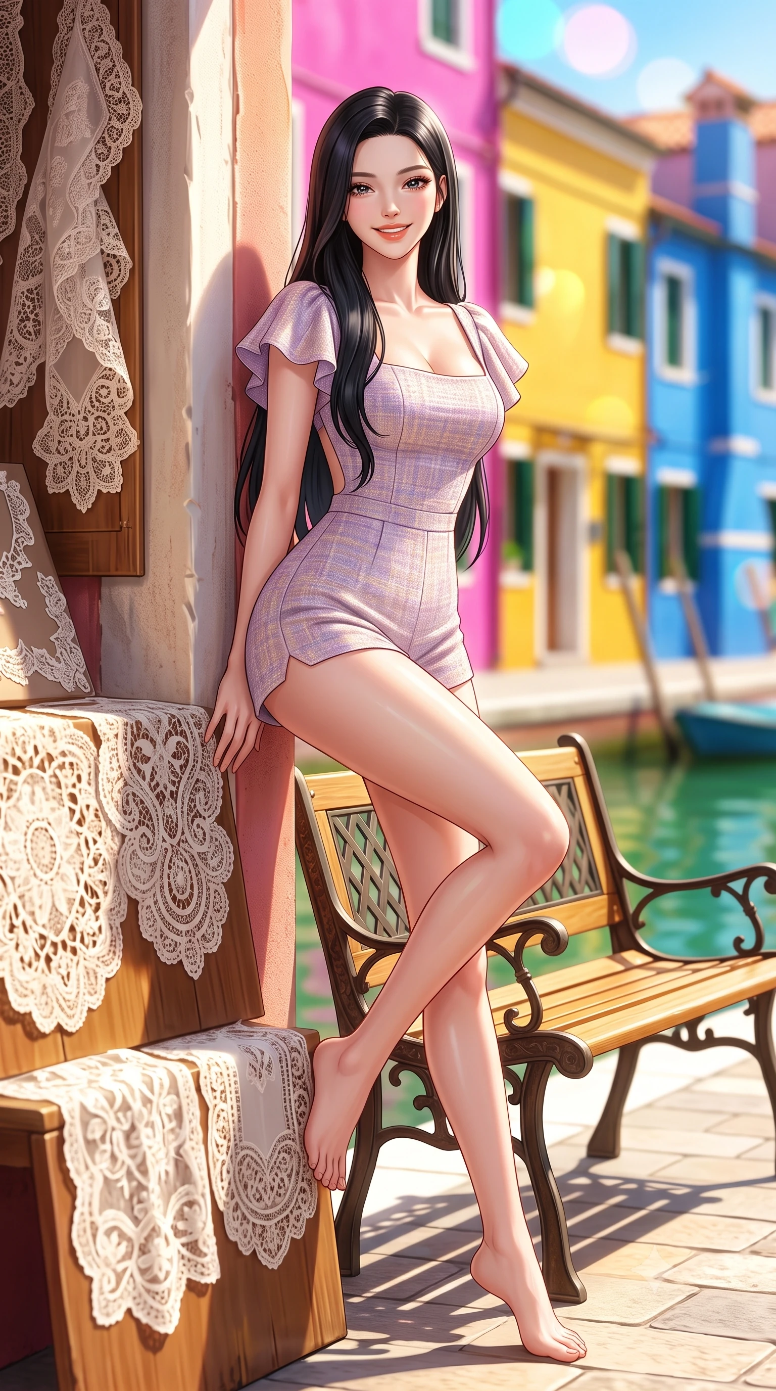 score_9, masterpiece, best quality, ultra-detailed, high-budget anime keyframe, semi-realistic 3D game render, editorial fashion photography, tasteful artistic composition, Korean woman. low angle full-body shot from head to toe showing her feet, filling the entire 9:16 vertical frame with her statuesque presence, stretching her vertical silhouette. leaning deep against the sunlit architecture with hips cocked back in a cute yet unapologetically alluring high-fashion stance, flashing a warm beaming smile while sitting on a sunlit wooden bench beside handmade Venetian lace displays with legs crossed, her flat midriff and curvy hips highlighted in the sun. The composition keeps background elements in soft focus with dreamy creamy bokeh. vibrantly painted fuchsia, yellow, and cobalt fishermen houses and green canal reflections blurred into candy-pink, cyan, and gold bokeh. She has an exceptionally tall and slender model-like 8.5-heads proportion, an ultra-slim waist, a flat toned midriff, narrow delicate ribcage, and beautifully sculpted feminine hips creating a graceful, slim hourglass silhouette without any bulky heaviness, with impossibly long slender legs. sharp v-shaped jawline, high-bridge nose, intricate jewel-like sparkling eyes with depth, thick eyelashes, glossy parted lips with a natural peach sheen, bright cheerful beaming smile with an enchanting and coquettish sensual glint, exuding both youthful cute charm and seductive allure, flawlessly proportioned anatomical accuracy, strict slender model proportions, natural body alignment, perfectly sculpted long slender limbs, ultra-slim waistline, clean dynamic posture without body distortion. wearing a second-skin stretch cotton camisole romper with high-cut leg openings and an open back in soft lilac and champagne shimmer, tailored from soft pastel tweed with subtle metallic shimmer, featuring elegant flutter sleeves and a graceful square neckline, the high-waisted tailoring accentuating her ultra-slim waistline and the enchanting curve of her feminine hips with alluring charm. illuminated by green canal water specular caustics sharply sculpting her razor-sharp jawline, narrow waist, and curvy hips. highly saturated vibrant anime colors, detailed shading with soft gradients, rich glossy textures, high-contrast stereoscopic depth, volumetric dynamic lighting, master piece, 9:16 ratio