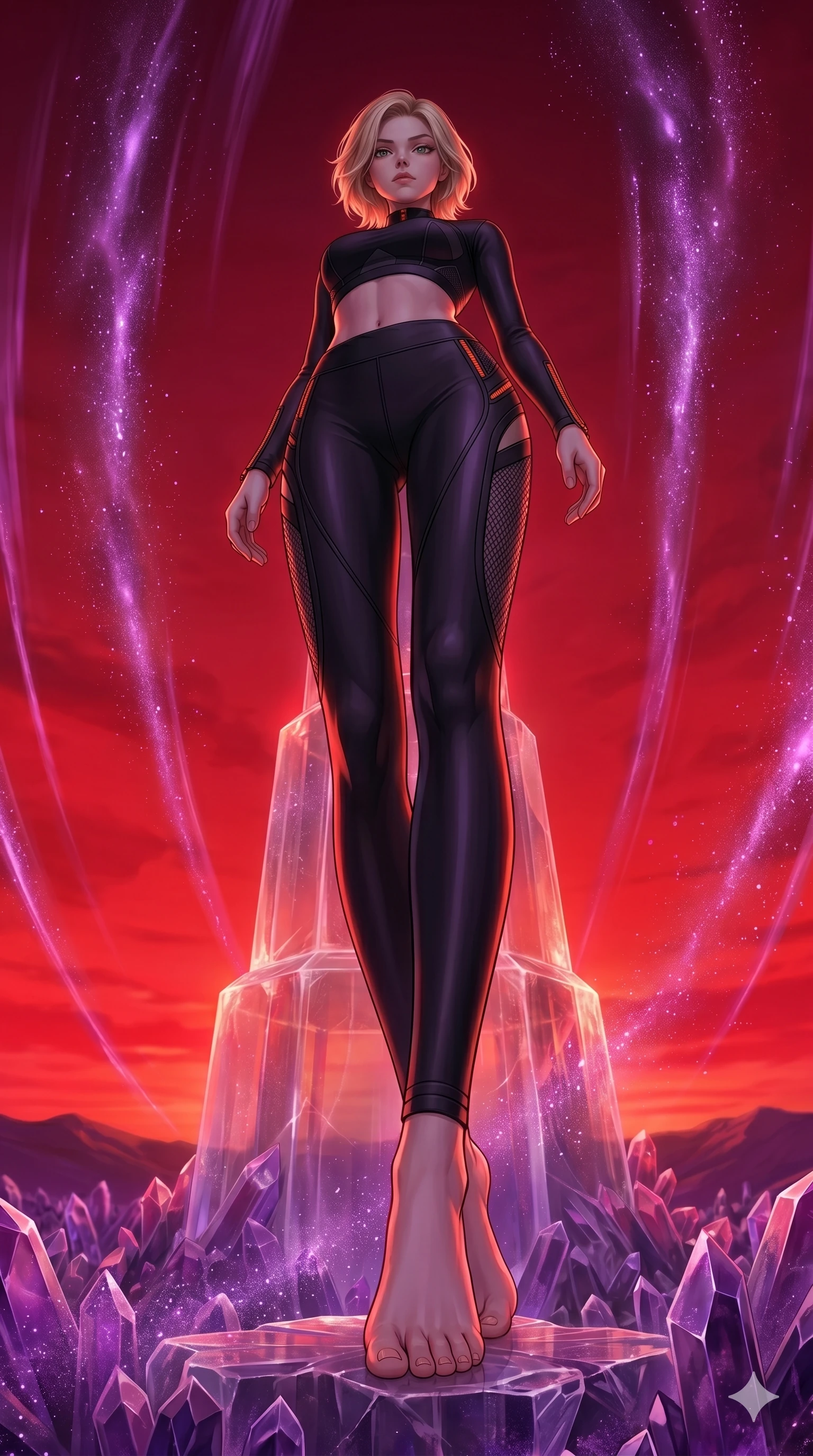 score_9, masterpiece, best quality, ultra-detailed, high-budget anime keyframe, Korean woman. low angle full-body shot filling the entire 9:16 frame with her statuesque presence, stretching the vertical silhouette. standing atop a transparent salt crystal tower in a purple crystalline desert as winds blow shimmering purple dust under a crimson sunset. She has an absolutely perfect 8-heads proportion, an exceptionally tall and slender female figure with impossibly long slender legs and an ultra-slim waist. V-shaped jawline, high-bridge nose, intricate jewel-like eyes with depth, thick eyelashes, glossy lips with a natural sheen.. wearing a second-skin neoprene cyber-athleisure set, featuring a tight crop top and leggings with fluorescent orange zipper accents and side slash panels. illuminated by dramatic chiaroscuro casting soft shadows along her curves, with vibrant backlighting highlighting the dust particles. 2k, ultra detail, master piece, 9:16 ratio
