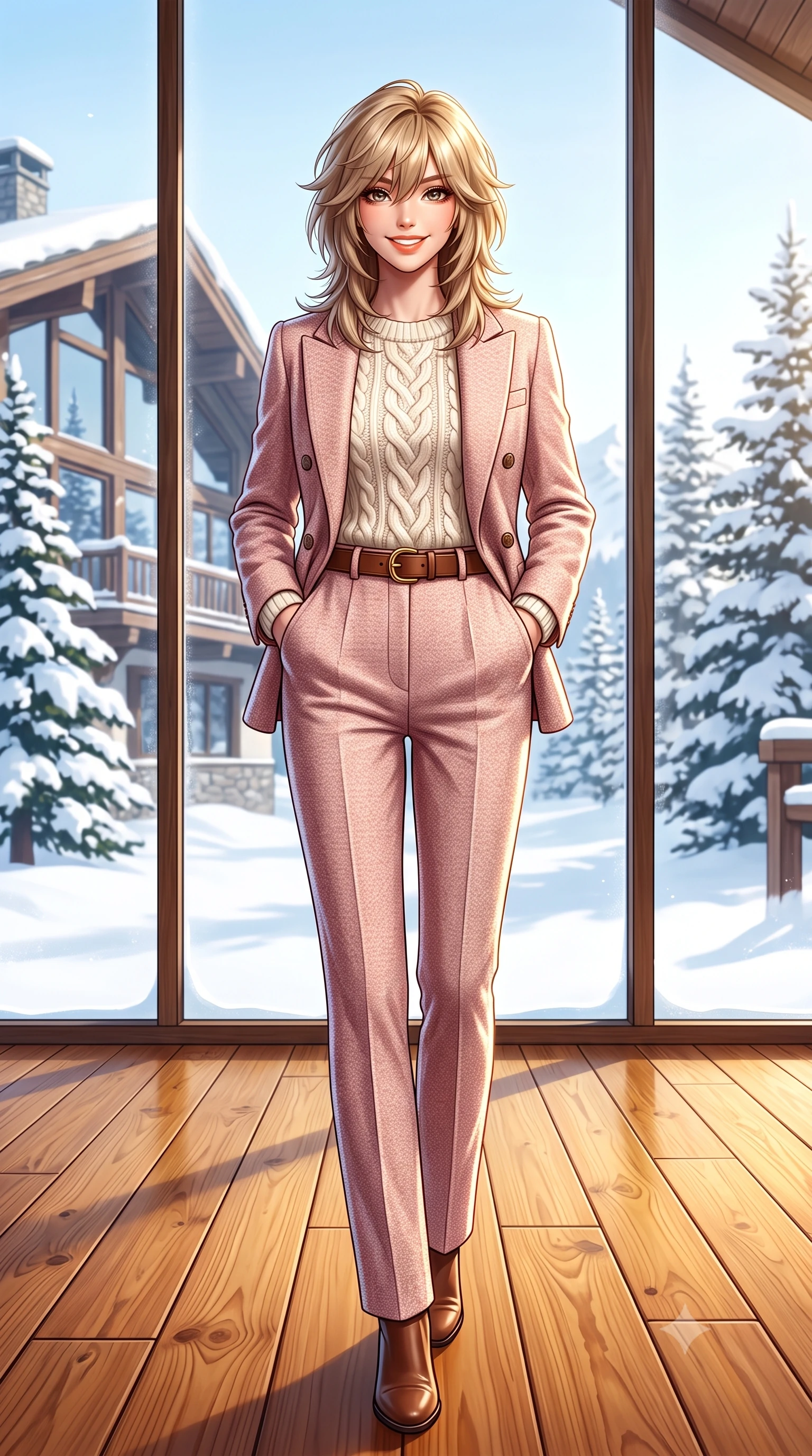score_9, masterpiece, best quality, ultra-detailed, high-budget anime keyframe, semi-realistic 3D game render, editorial fashion photography, tasteful artistic composition, Japanese woman. low angle full-body shot from head to toe showing her feet, filling the entire 9:16 vertical frame with her statuesque presence, stretching her vertical silhouette. standing tall and centered in the frame with hands tucked into her coat pockets, radiating statuesque poise and calm warmth while walking across the honey-toned pine floor toward the panoramic window, her chunky cable-knit sweater accentuating her slender waistline. The surrounding environment is rendered in vivid detail and crisp panoramic clarity: detailed chunky fisherman cable-knit sweater texture, brushed wool flannel slacks, and alpine lodge architecture in razor-sharp precision. She has an exceptionally tall and slender model-like 8.5-heads proportion, an ultra-slim waist, a flat toned midriff, narrow delicate ribcage, and beautifully sculpted feminine hips creating a graceful, slim hourglass silhouette without any bulky heaviness, with impossibly long slender legs. sharp v-shaped jawline, high-bridge nose, intricate jewel-like sparkling eyes with depth, thick eyelashes, glossy parted lips with a natural peach sheen, bright cheerful beaming smile with an enchanting and coquettish sensual glint, exuding both youthful cute charm and seductive allure, flawlessly proportioned anatomical accuracy, strict slender model proportions, natural body alignment, perfectly sculpted long slender limbs, ultra-slim waistline, clean dynamic posture without body distortion. wearing a refined double-breasted wool gabardine pantsuit with clean minimalist tailoring and a concealed placket in Parisian pastel rose bouclé and cream pearl, tailored from heavyweight double-faced wool with clean architectural edges, finished with a smooth equestrian bridle-leather belt with a polished brass horseshoe buckle, the precision-cut high-waisted tailoring accentuating her ultra-slim waist and long slender leg line with immaculate aristocratic poise. illuminated by brilliant snow reflection fill and sharp ice-crystal rim lights defining her razor-sharp jawline and tall slender frame. highly saturated vibrant anime colors, detailed shading with soft gradients, rich glossy textures, high-contrast stereoscopic depth, volumetric dynamic lighting, master piece, 9:16 ratio