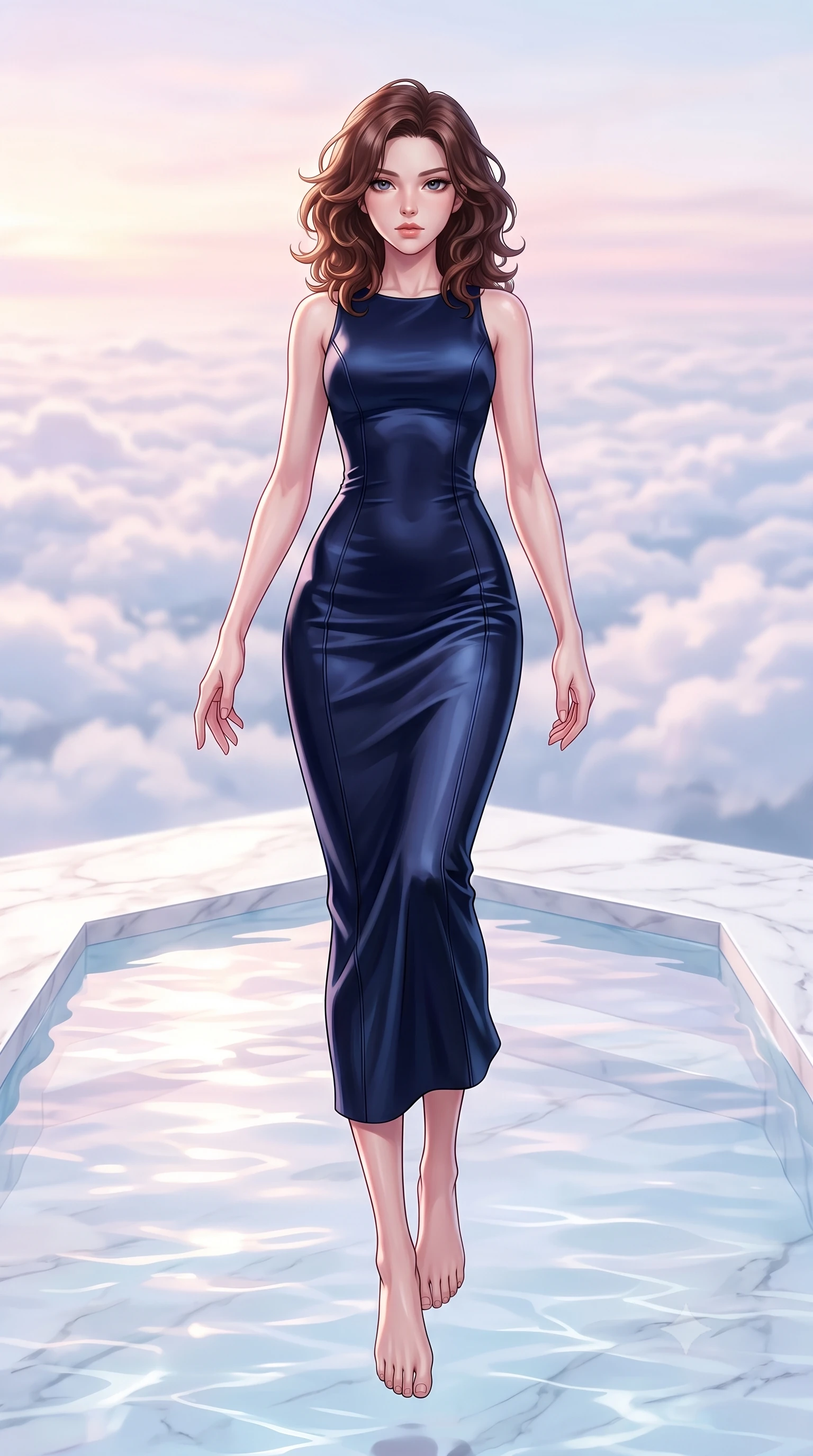 score_9, masterpiece, best quality, ultra-detailed, high-budget anime keyframe, editorial fashion photography, tasteful artistic composition, Korean woman woman. low angle full-body shot from head to toe showing her feet, filling the entire 9:16 vertical frame with her statuesque presence, stretching her vertical silhouette. She has an absolutely perfect, statuesque 8.5-heads proportion, an exceptionally tall and slender model-like female figure with impossibly long slender legs and an ultra-slim waist. floating dynamically in zero-gravity with flawless poise, reaching her hand forward gracefully, flawlessly proportioned anatomical accuracy, natural body alignment, perfectly sculpted elegant limbs, clean dynamic posture without body distortion. set against a soft-focus background of a white marble terrace pool above a sea of clouds. wearing a sleek midnight navy silk column dress with form-contouring tailored seams. bathed in soft pastel dawn light reflecting off clear water onto her refined features. highly saturated vibrant anime colors, detailed shading with soft gradients, rich glossy textures, high-contrast stereoscopic depth, volumetric dynamic lighting, master piece, 9:16 ratio