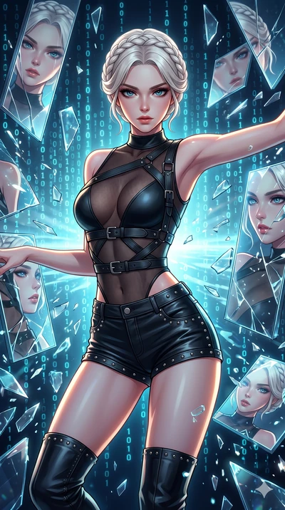 score_9, masterpiece, best quality, ultra-detailed, Set A: High-budget Anime Keyframe, Korean woman. Upper body close-up from the thighs up, character filling the screen for maximum presence. Dancing through a dimension of floating mirrors, while a d
