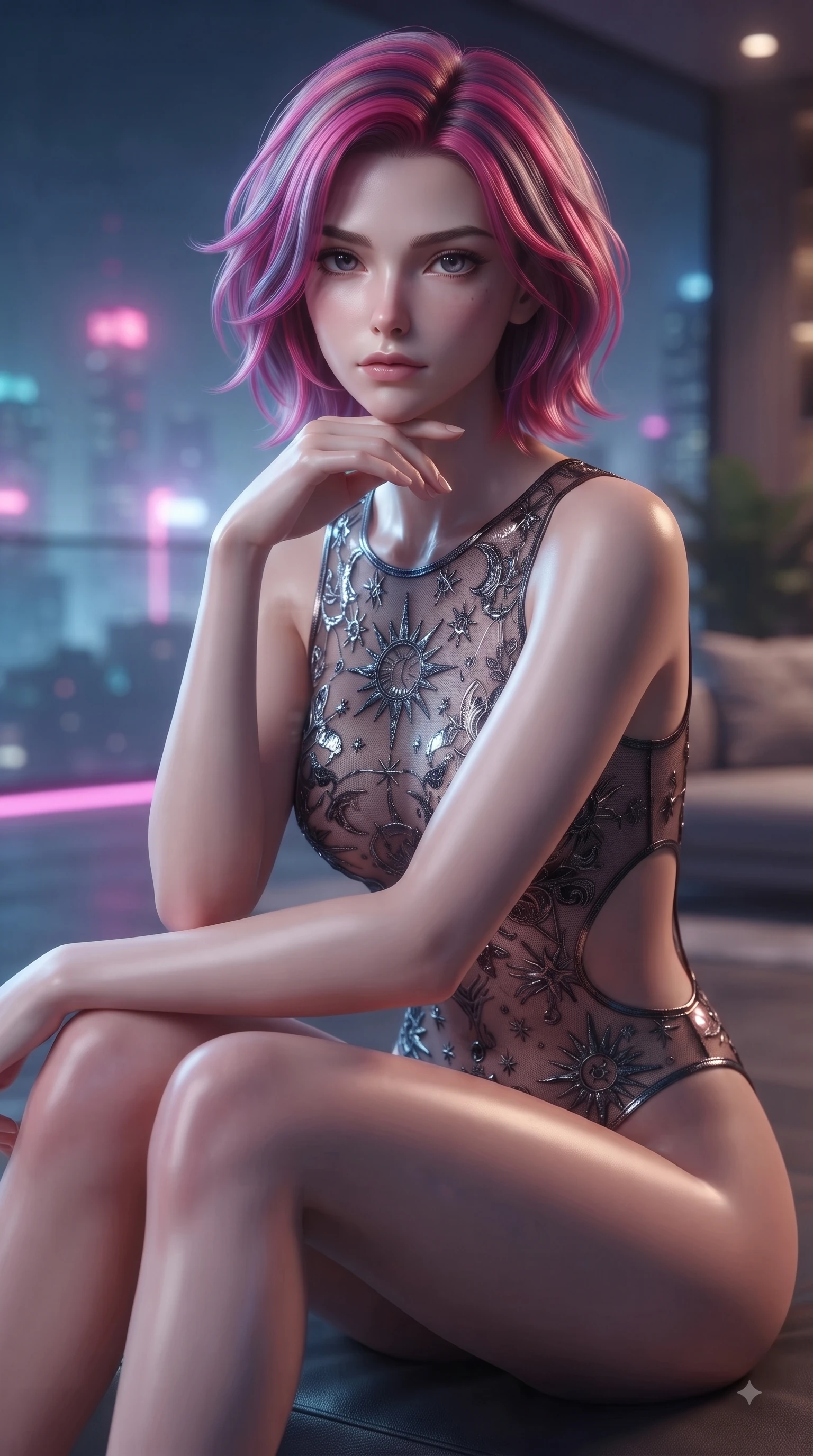 score_9, masterpiece, best quality, ultra-detailed, high-budget anime keyframe, editorial fashion photography, tasteful artistic composition, Caucasian woman woman. close-up cowboy shot from the waist and thighs up, the character dominates the composition, filling the frame with her large presence, background elements kept in soft focus. She has an exceptionally elegant, slender, and willowy female figure with an ultra-slim waist, a gracefully sculpted slender torso, and a refined silhouette. resting her chin on the back of her fingers in a thoughtful and effortless pose, flawlessly proportioned anatomical accuracy, natural body alignment, perfectly sculpted elegant limbs, clean dynamic posture without body distortion. set against a soft-focus background of a penthouse helipad lounge overlooking a misty neon skyline. wearing a Gothic nebula sheer lace bodysuit with intricate dark embroidery and delicate side cutouts. bathed in vibrant city skyline night lights casting sleek specular reflections. ultra-reflective glossy finish, specular highlights, metallic sheen, high-contrast stereoscopic depth, volumetric dynamic lighting, 2k, ultra detail, master piece, 9:16 ratio
