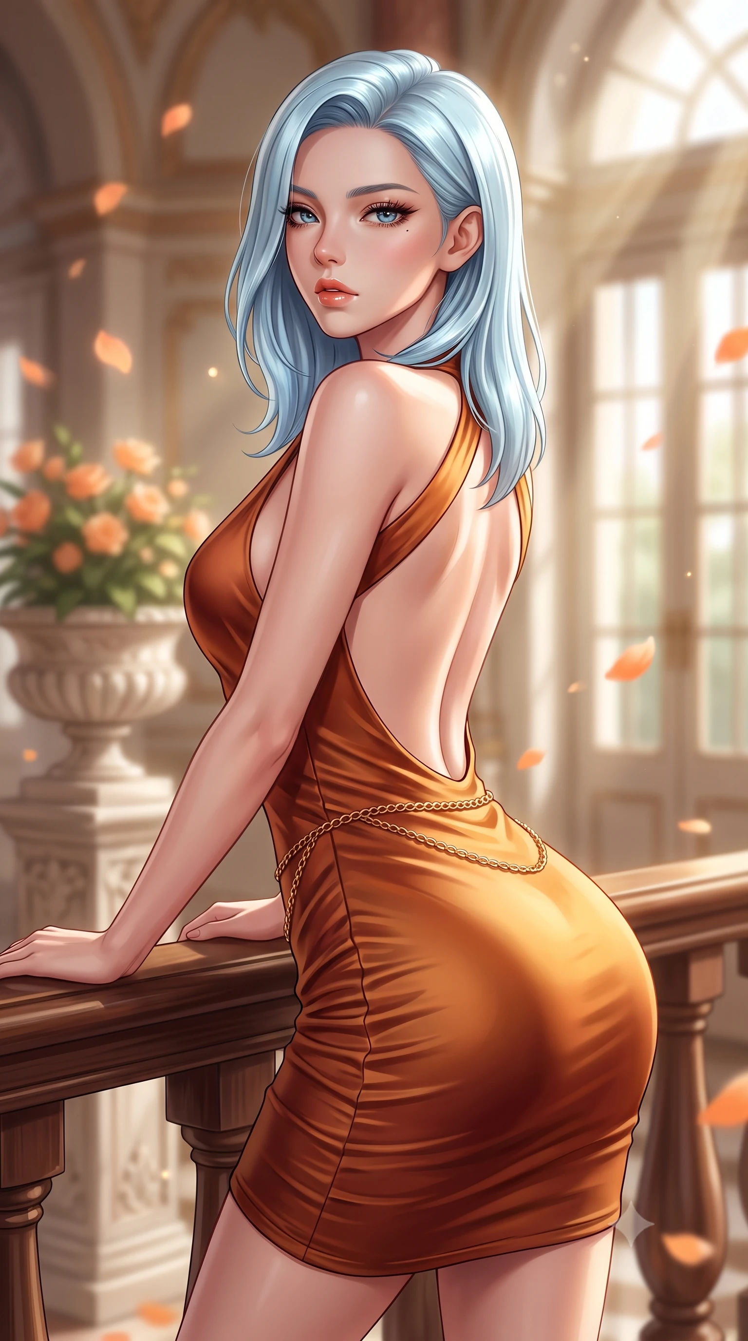 score_9, masterpiece, best quality, ultra-detailed, high-budget anime keyframe, semi-realistic 3D game render, editorial fashion photography, tasteful artistic composition, Korean woman. close-up cowboy shot from the waist and thighs up, the character dominates the composition, filling the frame with her large presence. leaning forward against the polished railing with her hips cocked back, creating an intoxicating curve from her narrow waist to sculpted hips as she gazes back into the lens while leaning against a carved marble plant pedestal with hips cocked back, looking over her shoulder with an aristocratic, haughty bedroom-gaze. The composition keeps background elements in soft focus with creamy bokeh. sunbeams pouring through glass panes and orange blossom petals softened in elegant Austrian shallow focus. She has an exceptionally elegant, slender, and willowy female figure with an ultra-slim waist, flat toned midriff, narrow ribcage, and sculpted feminine hips creating an alluring, slim hourglass silhouette without bulk. sharp v-shaped jawline, high-bridge nose, intricate jewel-like eyes with depth, thick eyelashes, glossy parted lips with a natural sheen, intensely captivating and seductive bedroom-eyes expression, flawlessly proportioned anatomical accuracy, strict slender model proportions, natural body alignment, perfectly sculpted long slender limbs, ultra-slim waistline, clean dynamic posture without body distortion. wearing a form-contouring cocktail dress with an asymmetrical open shoulder and hip-defining ruching in rich copper bronze and warm amber, tailored from ultra-smooth duchess satin with a pearlescent sheen, accented with a delicate gold chain belt resting loosely on her curvy hips, the dramatically scooped open back descending to the base of her spine, accentuating her razor-sharp statuesque lines and slim hourglass silhouette. illuminated by warm marble floor bounce light contouring her sculpted collarbones, ultra-slim waist, and curvy hips. highly saturated vibrant anime colors, detailed shading with soft gradients, rich glossy textures, high-contrast stereoscopic depth, volumetric dynamic lighting, master piece, 9:16 ratio