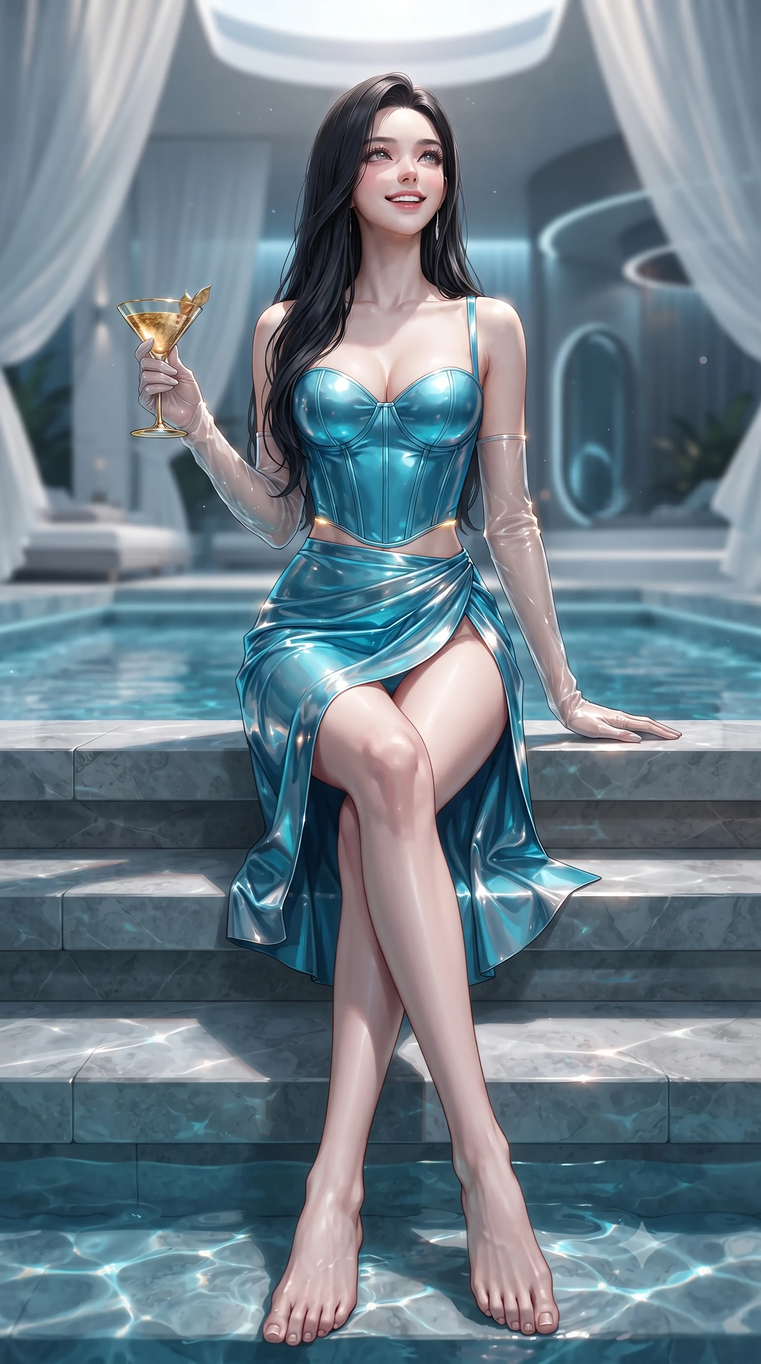 score_9, masterpiece, best quality, ultra-detailed, high-budget anime keyframe, editorial fashion photography, tasteful artistic composition, Korean woman. low angle full-body shot from head to toe showing her feet, filling the entire 9:16 vertical frame with her statuesque presence, stretching her vertical silhouette. sitting poised on the stone steps with one knee bent, arching her spine with supermodel elegance as she glances upward through thick eyelashes while lounging gracefully on the submerged contoured chaise with legs extended, holding a gold-leaf cocktail with magnetic high-fashion charisma. The background shows a soft-focus floating silk pool cabana drapery softened in ultra-luxury futuristic aerial shallow focus. She has an exceptionally tall and slender model-like 8.5-heads proportion, an ultra-slim waist, a flat toned midriff, narrow delicate ribcage, and beautifully sculpted feminine hips creating a graceful, slim hourglass silhouette without any bulky heaviness, with impossibly long slender legs. sharp v-shaped jawline, high-bridge nose, intricate jewel-like sparkling eyes with depth, thick eyelashes, glossy parted lips with a natural peach sheen, bright cheerful beaming smile with an enchanting and coquettish sensual glint, exuding both youthful cute charm and seductive allure, flawlessly proportioned anatomical accuracy, strict slender model proportions, natural body alignment, perfectly sculpted long slender limbs, ultra-slim waistline, clean dynamic posture without body distortion. wearing a sculpted sweetheart-neckline boned corset top paired with an asymmetric draped wrap skirt with daring leg opening in Shibuya electric cyan and chrome silver, crafted from wet-look high-gloss vinyl fabric with dazzling specular surface reflections, complemented by sheer opera-length evening gloves tracing her slender arms, the high-slit wrap tailoring accentuating her ultra-slim waistline and the enchanting curve of her feminine hips with alluring seductive charm. illuminated by pool water caustics bounce and sharp molten-gold rim lights defining her razor-sharp jawline, narrow waist, and curvy hips. ultra-reflective glossy finish, specular highlights, rich textural contrasts, high-contrast stereoscopic depth, volumetric dynamic lighting, 2k, ultra detail, master piece, 9:16 ratio