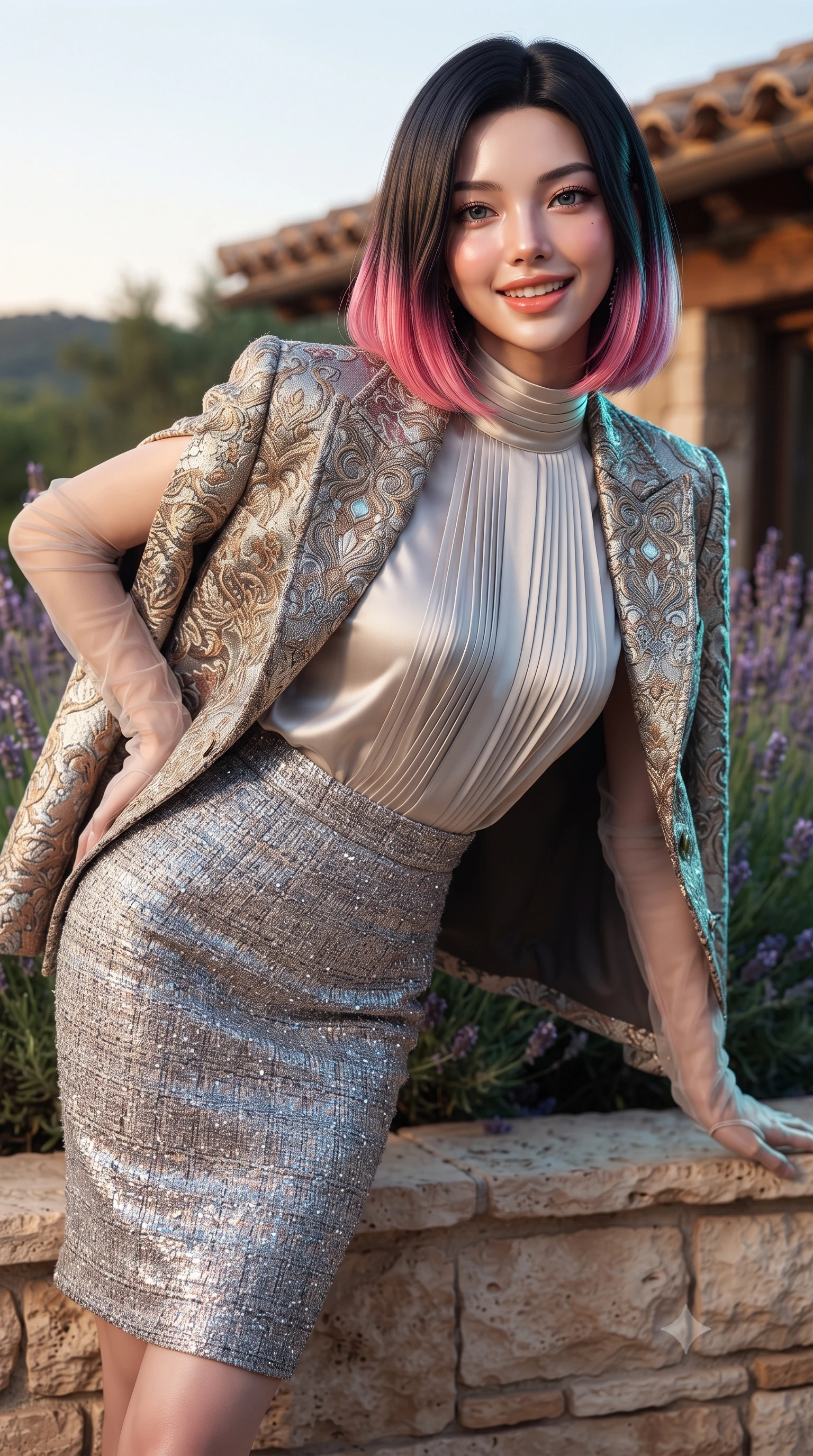 score_9, masterpiece, best quality, ultra-detailed, high-budget anime keyframe, editorial fashion photography, tasteful artistic composition, Korean woman. close-up cowboy shot from the waist and thighs up, the character dominates the composition, filling the frame with her large presence. leaning forward while arching her lower back to accentuate her curvy hips, looking into the camera with an intoxicating smoldering gaze and bedroom-eyes while twisting her slender torso in an alluring contrapposto stance beside fragrant lavender bushes, evening sunset breezes caressing her flat midriff and curvy hips. The surrounding environment is rendered in vivid detail and crisp panoramic clarity: sharp rough-hewn travertine stone textures, aromatic purple lavender flower spikes, and terracotta roof tile edges in deep focus. She has an exceptionally elegant, slender, and willowy female figure with an ultra-slim waist, flat toned midriff, narrow ribcage, and sculpted feminine hips creating an alluring, slim hourglass silhouette without bulk. sharp v-shaped jawline, high-bridge nose, intricate jewel-like sparkling eyes with depth, thick eyelashes, glossy parted lips with a natural peach sheen, bright cheerful beaming smile with an enchanting and coquettish sensual glint, exuding both youthful cute charm and seductive allure, flawlessly proportioned anatomical accuracy, strict slender model proportions, natural body alignment, perfectly sculpted long slender limbs, ultra-slim waistline, clean dynamic posture without body distortion. wearing a bespoke Florentine Medici-embroidered brocade cape blazer draped over a high-neck pleated silk blouse and tailored pencil skirt in liquid molten silver and iridescent mother-of-pearl, woven from structured British tweed with subtle metallic flecks, complemented by sheer opera-length evening gloves tracing her slender arms, the impeccably tailored cut draping gracefully along her slender figure with aristocratic poise. illuminated by pool water specular bounce and sharp gold-cyan dual rim lights sculpting her jawline, narrow waist, and curvy hips. ultra-reflective glossy finish, specular highlights, rich textural contrasts, high-contrast stereoscopic depth, volumetric dynamic lighting, 2k, ultra detail, master piece, 9:16 ratio