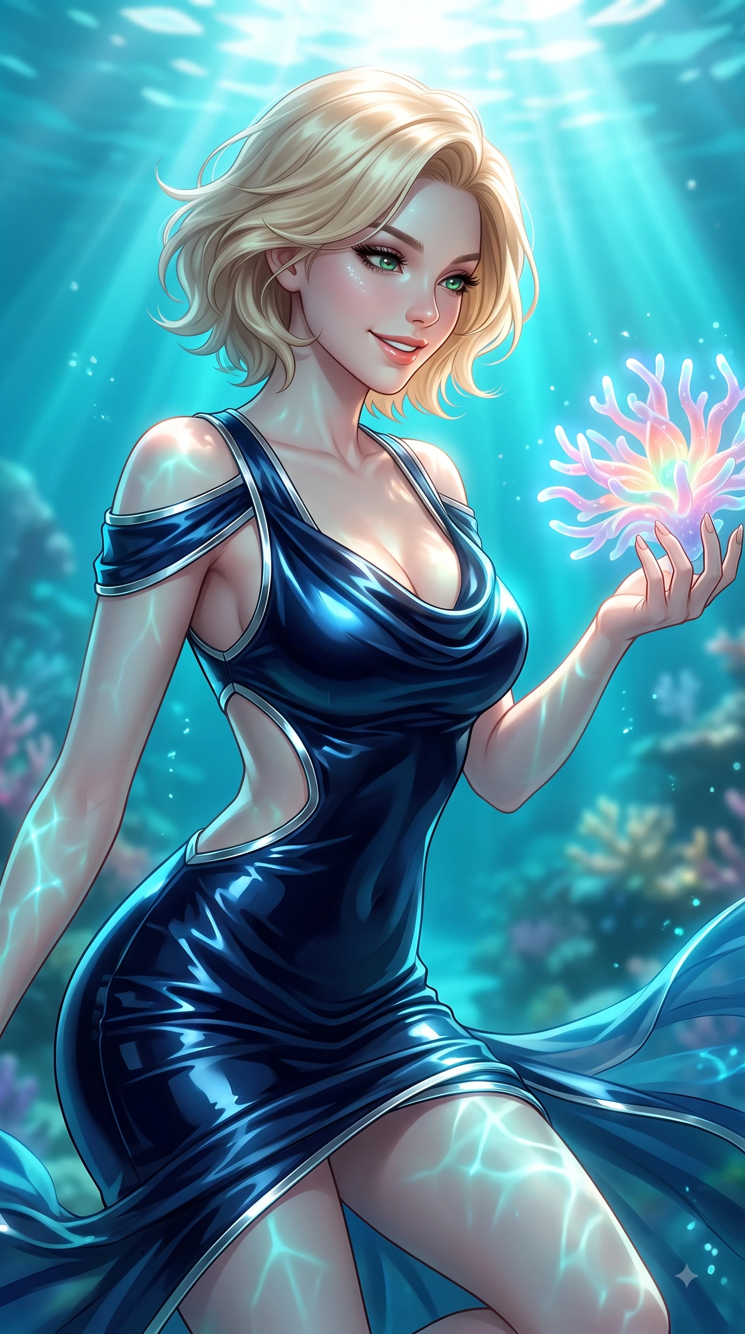 score_9, masterpiece, best quality, ultra-detailed, high-budget anime keyframe, editorial fashion photography, tasteful artistic composition, Caucasian woman. close-up cowboy shot from the waist and thighs up, the character dominates the composition, filling the frame with her large presence, background elements kept in soft focus. Warm delightful smile while casting a playful, joyful side-gaze with heavy lashes and a glowing expression while reaching her hand out with a bright smiling face to touch a glowing coral sea blossom, gentle ocean currents swaying her lightweight aquatic attire in fluid joyful motions. She has an exceptionally elegant, slender, and willowy female figure with an ultra-slim waist, a gracefully sculpted slender torso, and a refined silhouette. sharp v-shaped jawline, high-bridge nose, intricate jewel-like eyes with depth, thick eyelashes, glossy lips with a natural sheen, flawlessly proportioned anatomical accuracy, natural body alignment, perfectly sculpted elegant limbs, clean dynamic posture without body distortion. wearing an elegant cowl-neck satin midi dress with a graceful draped neckline in midnight navy blue and chrome trim, tailored from high-gloss patent leather, featuring clean architectural cutouts along her slender torso, the tailored fabric tightly following every curve of her athletic build. bathed in brilliant underwater sunbeams and luminous turquoise caustic glow. ultra-reflective glossy finish, specular highlights, metallic sheen, high-contrast stereoscopic depth, volumetric dynamic lighting, 2k, ultra detail, master piece, 9:16 ratio