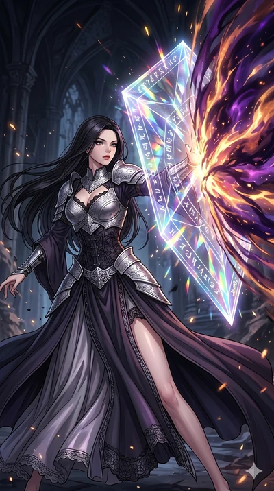 score_9, masterpiece, best quality, ultra-detailed, high-budget anime movie keyframe, cinematic anime lighting, intricate line art, Korean woman. Low angle cowboy shot capturing a powerful motion and statuesque presence. weaving a shield of crystalli