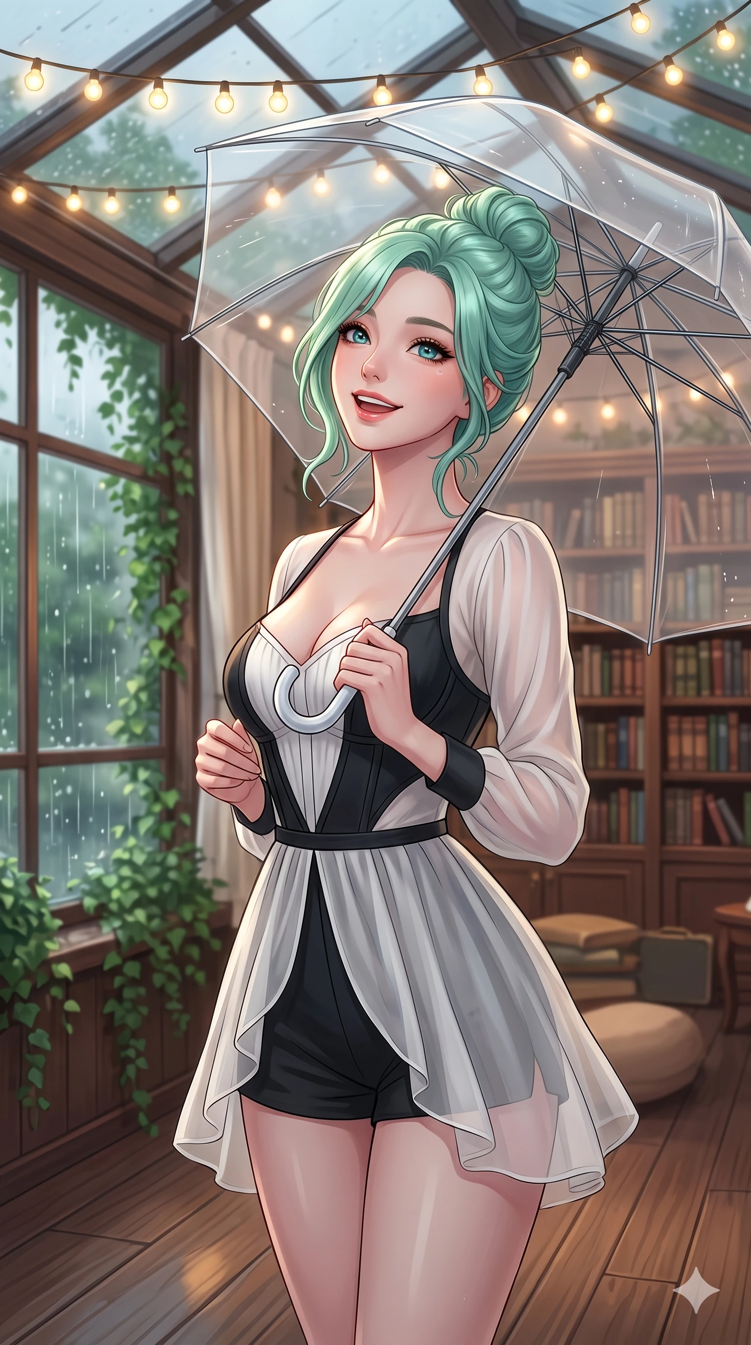 score_9, masterpiece, best quality, ultra-detailed, high-budget anime keyframe, vibrant anime aesthetic, Japanese woman. close-up cowboy shot from the waist and thighs up, the character dominates the composition, filling the frame with her large presence, background elements kept in soft focus. She is holding a clear umbrella, looking up with a bright, joyful expression, gazing warmly at the viewer with a relaxed and elegant posture. the background shows a soft-focus cozy retro library corner with floor-to-ceiling bookshelves and a large window showing rain falling on green ivy (Code-P22-127). She has an absolutely perfect proportion, an exceptionally elegant and slender female figure with an ultra-slim waist. V-shaped jawline, high-bridge nose, intricate jewel-like eyes with depth, thick eyelashes, glossy lips with a natural sheen. wearing a custom structured bodice combined with a delicate chiffon cover-up and shorts in black and white couture. She is lit by warm, glowing fairy lights strung across the glass conservatory roof, casting clean highlights that trace her slim waist on the outdoor wooden terrace. 2k, ultra detail, master piece, 9:16 ratio