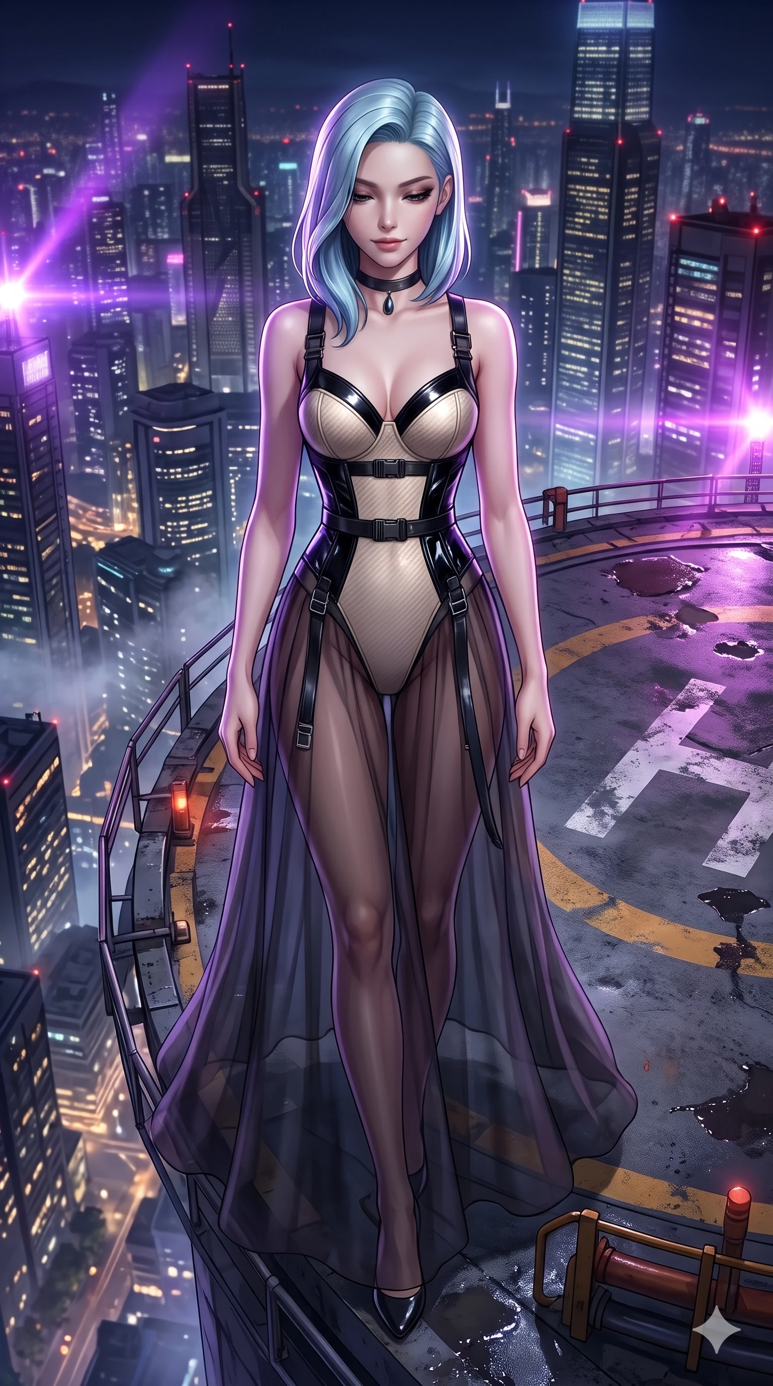 score_9, masterpiece, best quality, ultra-detailed, high-budget anime keyframe, semi-realistic 3D game render, editorial fashion photography, tasteful artistic composition, Korean woman. close-up cowboy shot from the waist and thighs up, the character dominates the composition, filling the frame with her large presence. looking down with lowered lashes and a composed, powerful dark aura, her tailored outfit tracing her curves while standing tall at the outer edge of the summit helipad, arching her lower back to emphasize her hourglass curves against the sprawling midnight metropolis. The surrounding environment is rendered in vivid detail and crisp panoramic clarity: detailed wet-look vinyl bodysuit cling, tactical hardware buckles, and mega-engineering structures in razor-sharp precision. She has an exceptionally elegant, slender, and willowy female figure with an ultra-slim waist, flat toned midriff, narrow ribcage, and sculpted feminine hips creating an alluring, slim hourglass silhouette without bulk. sharp v-shaped jawline, high-bridge nose, intricate jewel-like dark sparkling eyes with hypnotic seductive depth, thick curled eyelashes, glossy parted lips with a natural wine sheen, alluring bedroom-eyes with an enigmatic smoldering smile, exuding magnetic sovereign charisma and dark avant-garde glamour, flawlessly proportioned anatomical accuracy, strict slender model proportions, natural body alignment, perfectly sculpted long slender limbs, ultra-slim waistline, clean dynamic posture without body distortion. wearing a semi-opaque sheer dark chiffon gown revealing a structured bodice silhouette in celestial champagne ivory and high-gloss jet black, woven from matte carbon-fiber weave with high-tech structural hold, finished with a minimalist dark choker and a single teardrop pendant, the bespoke structured tailoring following the natural line of her 8.5-heads silhouette with refined elegance. bathed in rhythmic pulsing violet strobe flashes contrasted with ambient city light glow. highly saturated vibrant anime colors, detailed shading with soft gradients, rich glossy textures, high-contrast stereoscopic depth, volumetric dynamic lighting, master piece, 9:16 ratio