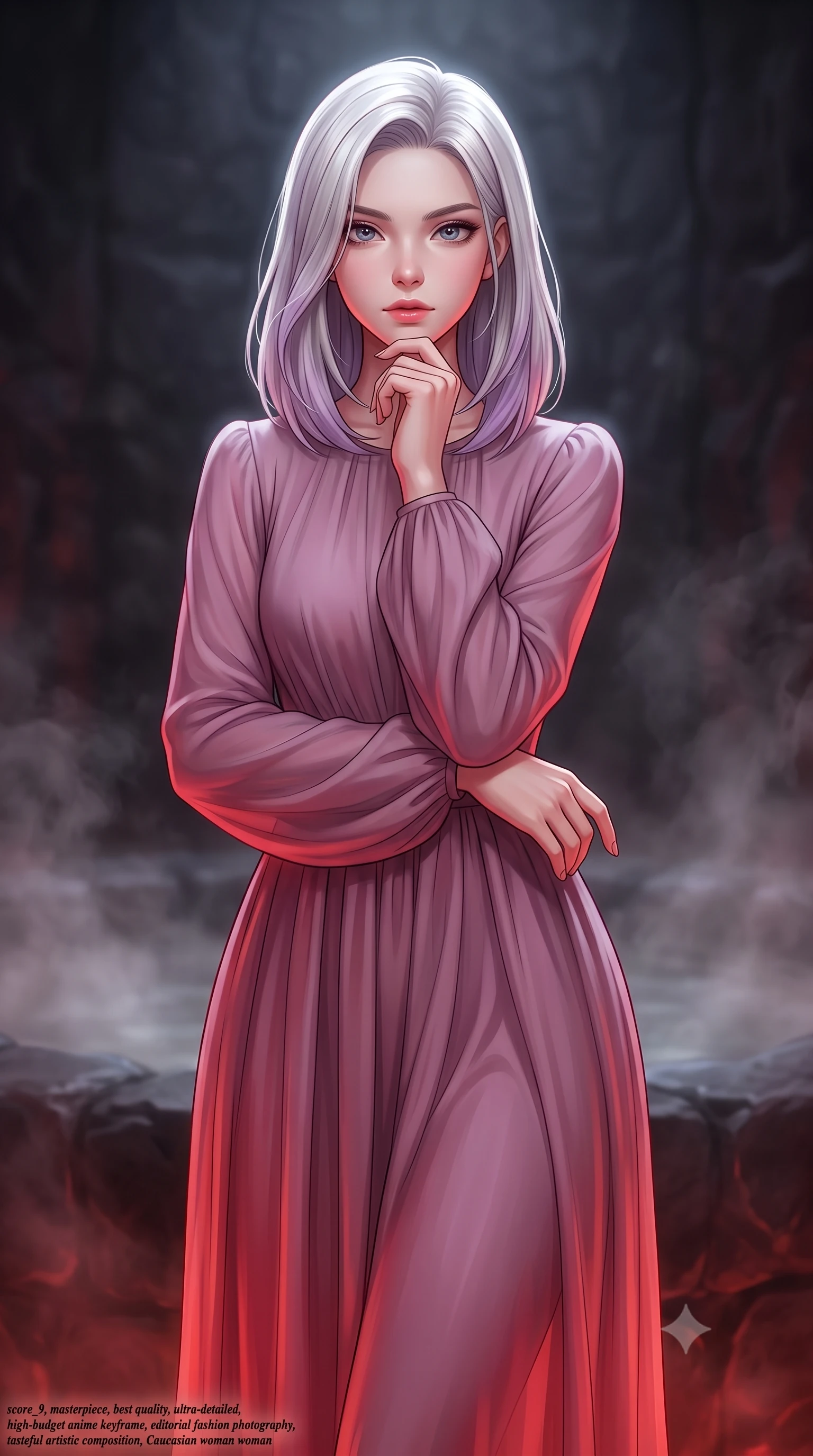 score_9, masterpiece, best quality, ultra-detailed, high-budget anime keyframe, editorial fashion photography, tasteful artistic composition, Caucasian woman woman. close-up cowboy shot from the waist and thighs up, the character dominates the composition, filling the frame with her large presence, background elements kept in soft focus. She has an exceptionally elegant, slender, and willowy female figure with an ultra-slim waist, a gracefully sculpted slender torso, and a refined silhouette. resting her chin on the back of her fingers in a thoughtful and effortless pose, flawlessly proportioned anatomical accuracy, natural body alignment, perfectly sculpted elegant limbs, clean dynamic posture without body distortion. set against a soft-focus background of a dark basalt thermal bath chamber with rising mineral steam. wearing a serene dusty mauve chiffon maxi dress with long bishop sleeves. bathed in warm crimson furnace glow from below contrasting with cool top ambient light. highly saturated vibrant anime colors, detailed shading with soft gradients, rich glossy textures, high-contrast stereoscopic depth, volumetric dynamic lighting, master piece, 9:16 ratio