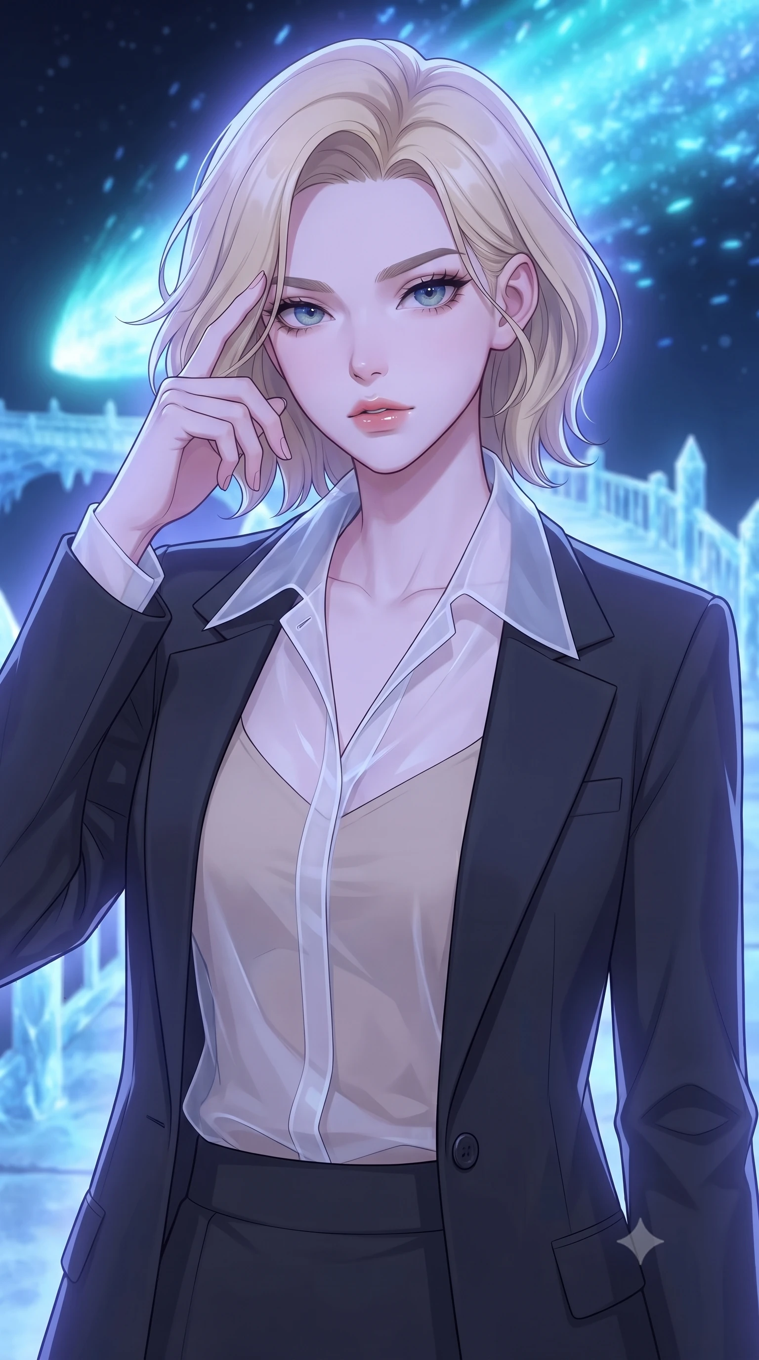 score_9, masterpiece, best quality, ultra-detailed, high-budget anime keyframe, gorgeous anime illustration, artistic 2d flat cel-shaded style, Caucasian woman, strictly human ears. close-up cowboy shot from the waist and thighs up, the character dominates the composition, filling the frame with her large presence, background elements kept in soft focus. Pressing two fingers to her temple in a composed thoughtful gesture. set against a soft-focus background of crossing a bridge of frozen methane ice stretching through the glowing turquoise tail of a passing comet, cosmic dust particles rushing past like a blizzard of blue sparks. She has an exceptionally elegant and slender, willowy female figure with an ultra-slim waist, a gracefully sculpted slender torso, and a refined slim physique. sharp v-shaped jawline, high-bridge nose, intricate jewel-like eyes with depth, thick eyelashes, glossy lips with a natural sheen. wearing a semi-transparent white organza blouse layered naturally over a beige camisole, under a structured blazer. cool ethereal blue-violet bioluminescent glow wrapping around her from all sides. 2k, ultra detail, master piece, 9:16 ratio, vibrant anime color palette, flat color shading, 2d animation style