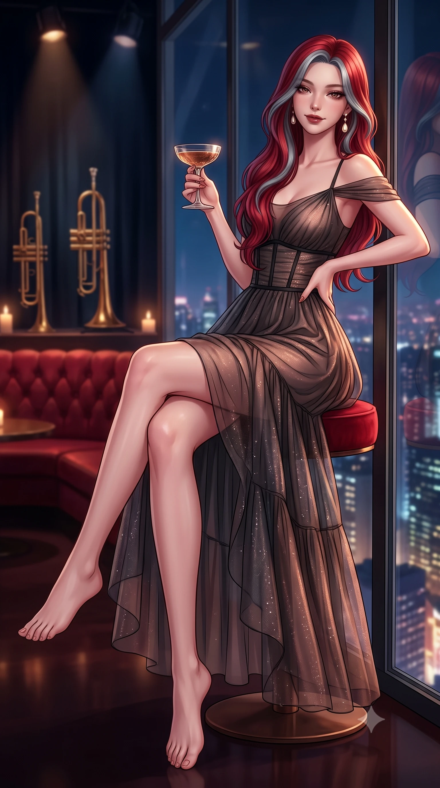 score_9, masterpiece, best quality, ultra-detailed, high-budget anime keyframe, semi-realistic 3D game render, editorial fashion photography, tasteful artistic composition, Caucasian woman. low angle full-body shot from head to toe showing her feet, filling the entire 9:16 vertical frame with her statuesque presence, stretching her vertical silhouette. leaning back against the panoramic glass window with hips cocked back in an unapologetically alluring high-fashion stance, illuminated by the city night vista while sitting gracefully on a round red velvet stool with one leg crossed over the other, holding an antique cocktail coupe with a smoldering, playful half-smile. The composition keeps background elements in soft focus with dreamy creamy bokeh. vintage brass trumpets on the moody dimly-lit stage and crimson tufted banquettes blurred into warm ruby, copper, and honey bokeh. She has an exceptionally tall and slender model-like 8.5-heads proportion, an ultra-slim waist, a flat toned midriff, narrow delicate ribcage, and beautifully sculpted feminine hips creating a graceful, slim hourglass silhouette without any bulky heaviness, with impossibly long slender legs. sharp v-shaped jawline, high-bridge nose, intricate jewel-like dark sparkling eyes with dangerous depth, thick curled eyelashes, glossy parted lips with a rich wine sheen, smoldering seductive half-smile with bedroom-eyes, exuding effortless superiority and intoxicating dark allure, flawlessly proportioned anatomical accuracy, strict slender model proportions, natural body alignment, perfectly sculpted long slender limbs, ultra-slim waistline, clean dynamic posture without body distortion. wearing a tiered semi-sheer black tulle and silk slip dress with an ultra-slim corseted waist and bare shoulders in smoky charcoal slate and molten rose gold, woven from metallic lurex thread casting subtle starlight glints across the fabric, accented with a single dangling baroque pearl earring reflecting the amber glow, the high-waisted tailoring accentuating her ultra-slim waistline and the enchanting curve of her feminine hips with alluring dark charm. bathed in soft flickering candlelight and moody theatrical stage downlights. highly saturated vibrant anime colors, detailed shading with soft gradients, rich glossy textures, high-contrast stereoscopic depth, volumetric dynamic lighting, master piece, 9:16 ratio