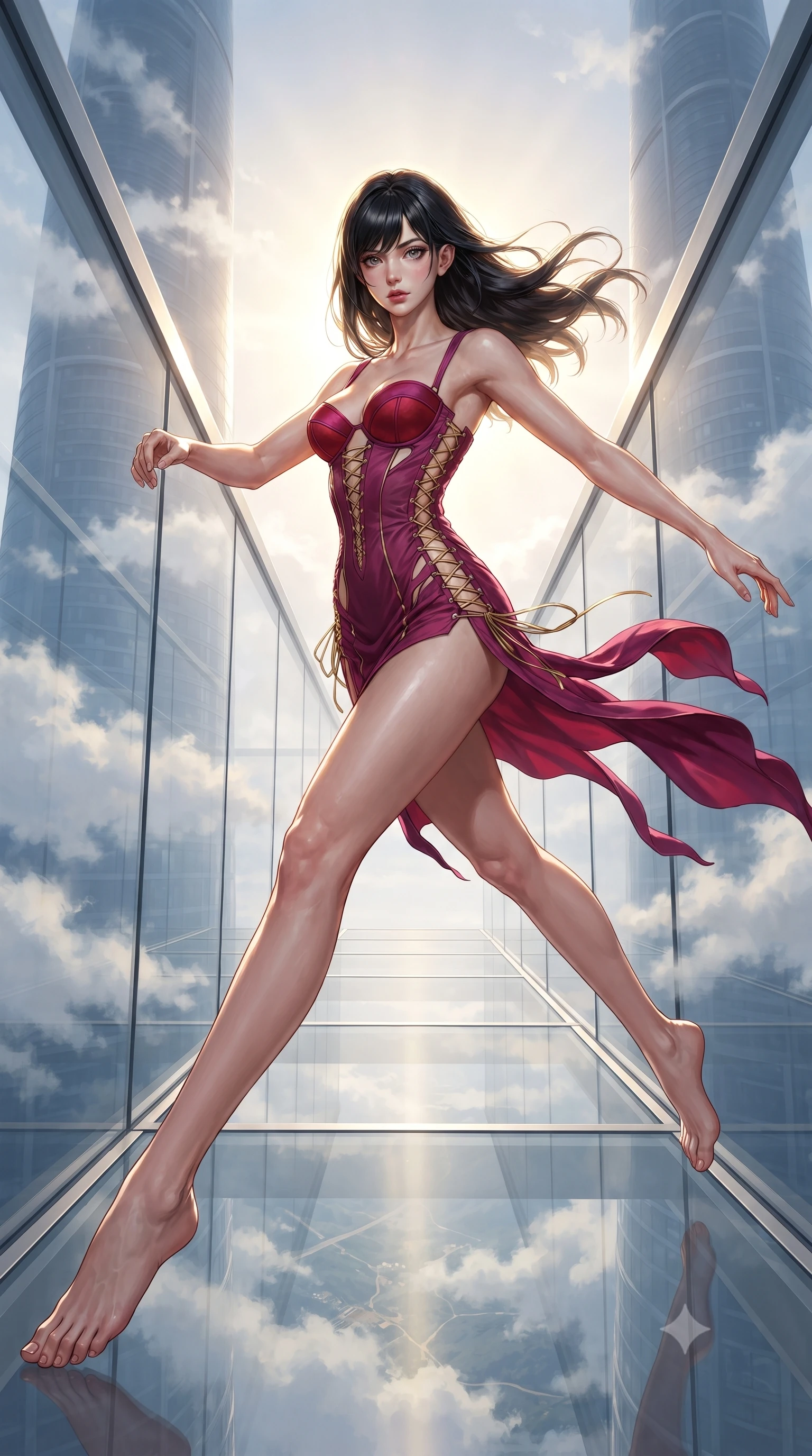 score_9, masterpiece, best quality, ultra-detailed, high-budget anime keyframe, editorial fashion photography, tasteful artistic composition, Caucasian woman, strictly human ears. low angle full-body shot from head to toe showing her feet, filling the entire 9:16 vertical frame with her statuesque presence, stretching her vertical silhouette. vaulting dynamically through a narrow glass-walled and glass-floored bridge suspended between two cloud-piercing towers with wind-swept clouds drifting at the same altitude and nothing but sky and distant earth visible in every direction. She has a statuesque 8.5-heads proportion, an exceptionally tall, slender and willowy model-like build with impossibly long legs and a highly sculpted ultra-slim waist. sharp v-shaped jawline, high-bridge nose, intricate jewel-like eyes with depth, thick eyelashes, glossy lips with a natural sheen. wearing a deconstructed corset dress in deep magenta with exposed gold lacing and structured crimson cups. dramatic backlight creating a radiant halo effect around her entire silhouette. 2k, ultra detail, master piece, 9:16 ratio