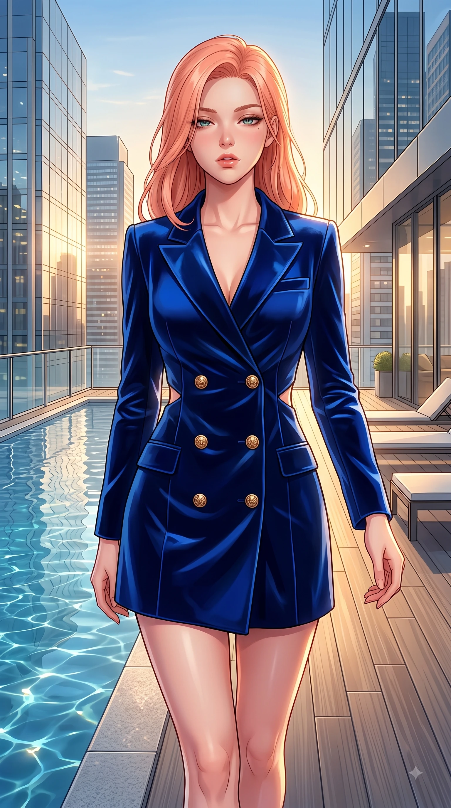 score_9, masterpiece, best quality, ultra-detailed, high-budget anime keyframe, editorial fashion photography, tasteful artistic composition, Japanese woman. close-up cowboy shot from the waist and thighs up, the character dominates the composition, filling the frame with her large presence. Sensual alluring expression with smoldering intensity, half-closed bedroom eyes, and softly parted glossy lips while walking down a sunlit rooftop deck as golden hour light paints the modern city towers. The surrounding environment is rendered in vivid detail and crisp panoramic clarity. glistening skyscraper glass facades, infinity pool water ripples, and crisp rooftop deck furniture in deep focus. She has an exceptionally elegant, slender, and willowy female figure with an ultra-slim waist, a gracefully sculpted slender torso, and a refined silhouette. sharp v-shaped jawline, high-bridge nose, intricate jewel-like eyes with depth, thick eyelashes, glossy lips with a natural sheen, flawlessly proportioned anatomical accuracy, natural body alignment, perfectly sculpted elegant limbs, clean dynamic posture without body distortion. wearing a royal navy blue double-breasted blazer dress accented with gold crest buttons in royal navy blue and pure ivory, made of premium stretch velvet with a rich glossy sheen, complemented by clean architectural seams and subtle cutouts, the fluid drape swaying gracefully with her dynamic editorial movement. illuminated by crisp specular highlights from infinity pool reflections and city lights. highly saturated vibrant anime colors, detailed shading with soft gradients, rich glossy textures, high-contrast stereoscopic depth, volumetric dynamic lighting, master piece, 9:16 ratio