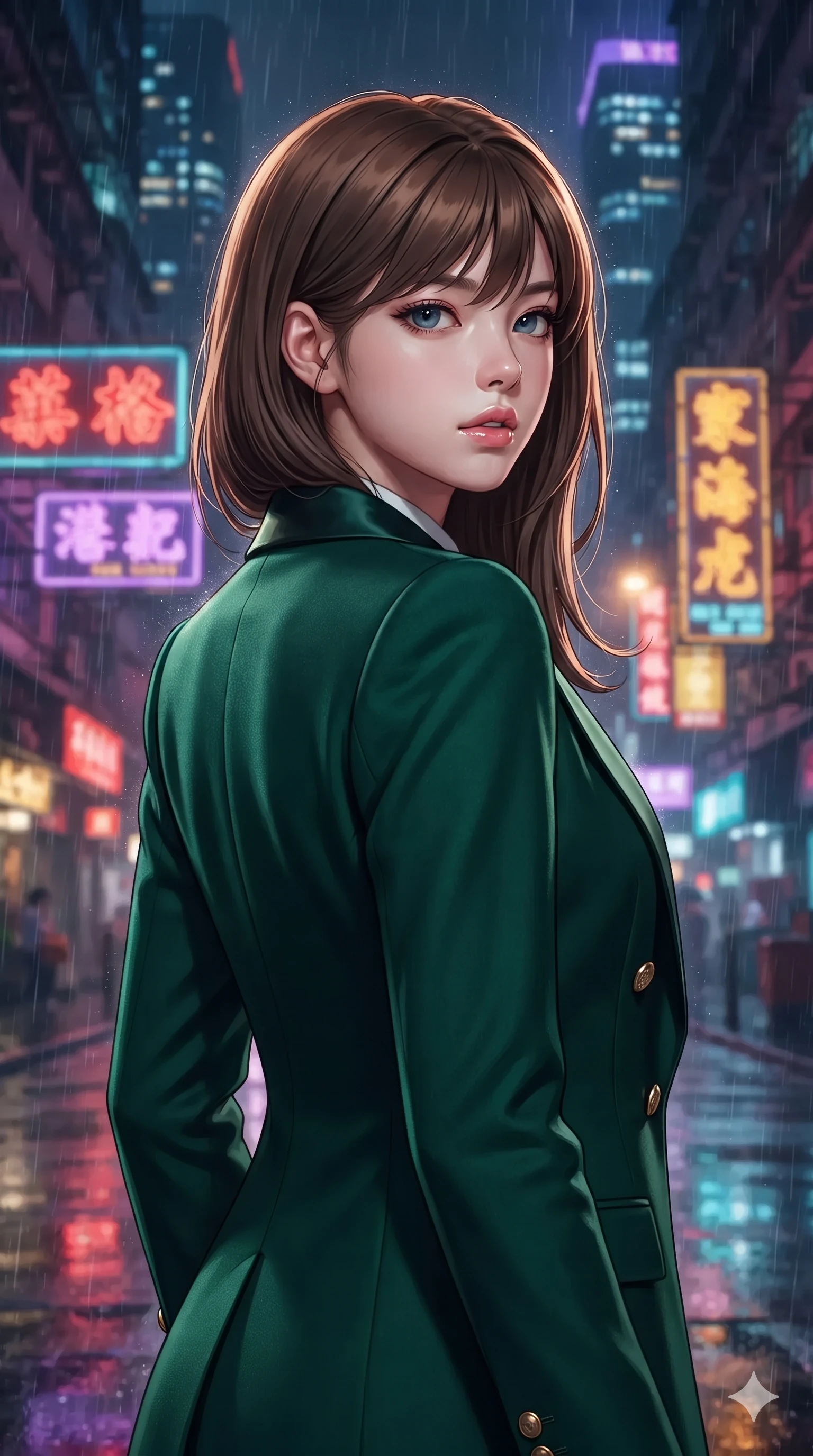 score_9, masterpiece, best quality, ultra-detailed, high-budget anime keyframe, editorial fashion photography, tasteful artistic composition, Korean woman. close-up cowboy shot from the waist and thighs up, the character dominates the composition, filling the frame with her large presence. posing in an alluring rear three-quarter angle, looking over a bare shoulder with parted glossy lips, her hips cocked back to highlight her slim hourglass curve while twisting her slender torso in an alluring contrapposto, vibrant scarlet and violet billboard reflections tracing her flat midriff and hourglass curves. The background shows a soft-focus colossal vertical neon Chinese character signs, illuminated skyscrapers, and dense flying rain mist blurred into scarlet, violet, and obsidian bokeh. She has an exceptionally elegant, slender, and willowy female figure with an ultra-slim waist, flat toned midriff, narrow ribcage, and sculpted feminine hips creating an alluring, slim hourglass silhouette without bulk. sharp v-shaped jawline, high-bridge nose, intricate jewel-like sparkling eyes with depth, thick eyelashes, glossy parted lips with a natural sheen, intensely captivating and seductive bedroom-eyes expression, exuding both youthful cute charm and sovereign luxury allure, flawlessly proportioned anatomical accuracy, strict slender model proportions, natural body alignment, perfectly sculpted long slender limbs, ultra-slim waistline, clean dynamic posture without body distortion. wearing a tailored double-breasted tuxedo evening dress with structured satin lapels and subtle silver pinstripes in deep emerald green satin and gold hardware accents, crafted from luxurious metallic lamé that shifts radiance with every step, finished with a minimalist chrome choker and a single teardrop diamond pendant, the impeccably tailored cut draping gracefully along her slender figure with aristocratic poise. illuminated by rain puddle bounce and sharp scarlet-violet rim lights sculpting her razor-sharp jawline, narrow waist, and curvy hips. ultra-reflective glossy finish, specular highlights, rich textural contrasts, high-contrast stereoscopic depth, volumetric dynamic lighting, 2k, ultra detail, master piece, 9:16 ratio