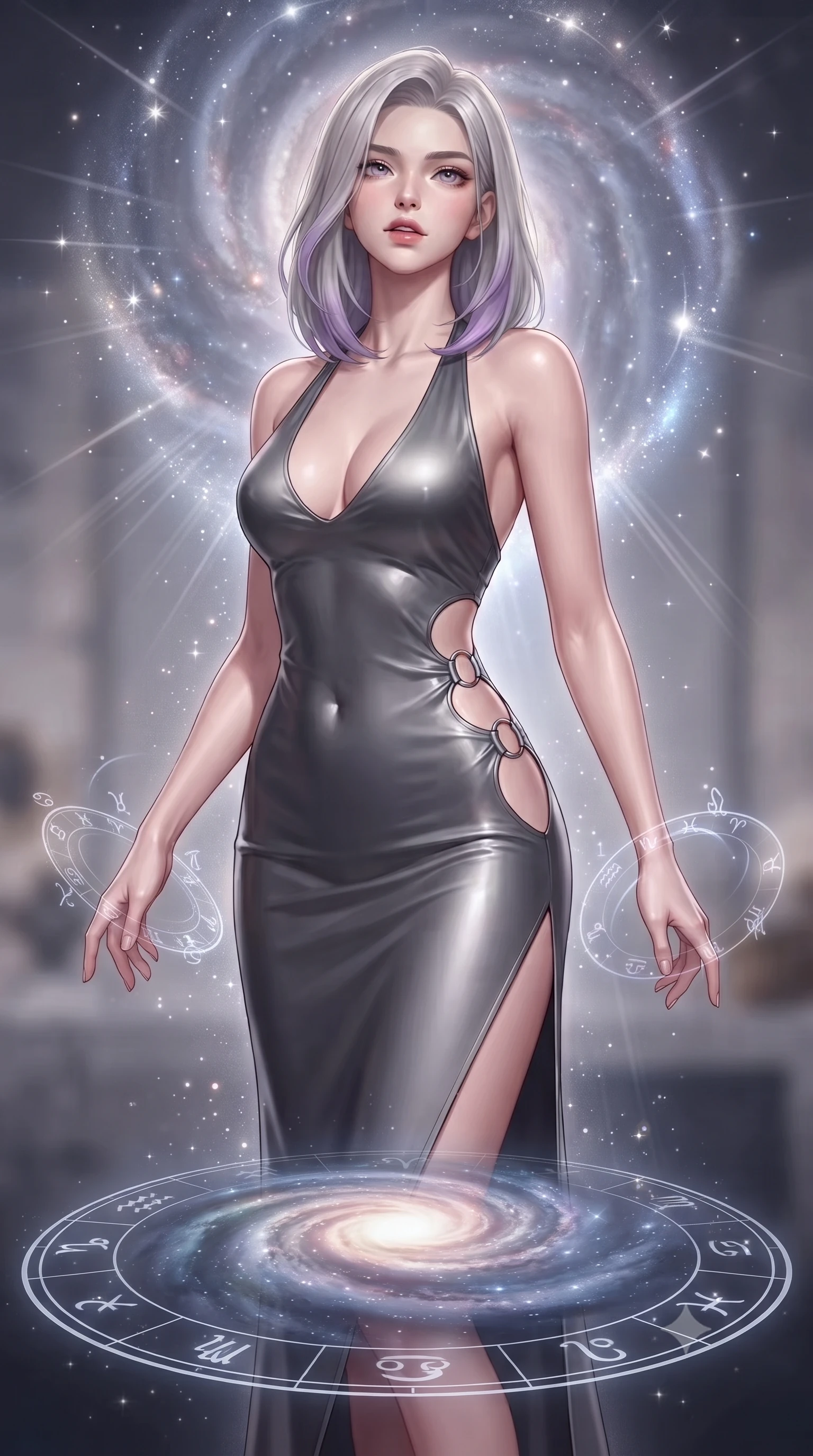 score_9, masterpiece, best quality, ultra-detailed, high-budget anime keyframe, editorial fashion photography, tasteful artistic composition, Caucasian woman. close-up cowboy shot from the waist and thighs up, the character dominates the composition, filling the frame with her large presence, background elements kept in soft focus. Tilting her chin up slightly with lips parted in a magnetic, composed expression standing on a floating zodiac dial beneath a swirling spiral nebula, translucent zodiac glyphs orbiting around her delicate hands. She has an exceptionally elegant, slender, and willowy female figure with an ultra-slim waist, a gracefully sculpted slender torso, and a refined silhouette. sharp v-shaped jawline, high-bridge nose, intricate jewel-like eyes with depth, thick eyelashes, glossy lips with a natural sheen. wearing a deep-scoop halter bodycon dress with hip cutouts connected by silver rings in charcoal grey and platinum, crafted from smooth liquid silk, finished with a sleek side slit ascending to mid-thigh, the tailored fabric tightly following every curve of her athletic build. surrounded by a glowing aura of starlight and shimmering celestial rays. ultra-reflective glossy finish, specular highlights, metallic sheen, high-contrast stereoscopic depth, volumetric dynamic lighting, 2k, ultra detail, master piece, 9:16 ratio