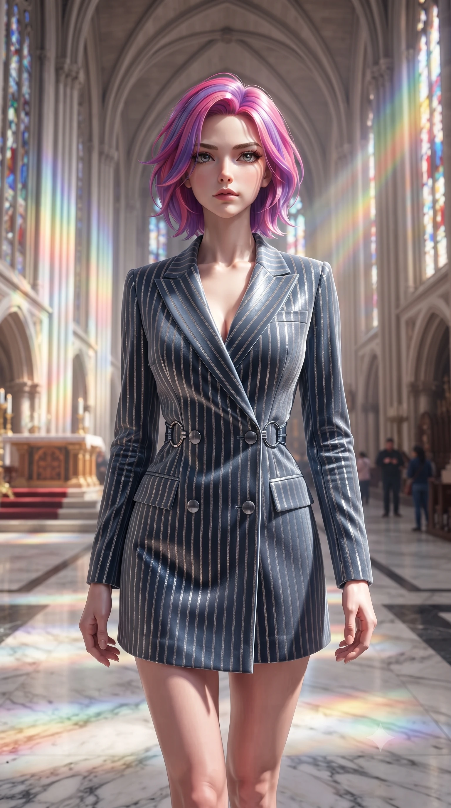 score_9, masterpiece, best quality, ultra-detailed, high-budget anime keyframe, editorial fashion photography, tasteful artistic composition, Caucasian woman. close-up cowboy shot from the waist and thighs up, the character dominates the composition, filling the frame with her large presence, background elements kept in soft focus. Gazing past the camera with an air of effortless elegance and mysterious confidence walking down a polished marble nave lined with tall stained glass arcades, majestic vaulted ceilings rising high into a luminous atmosphere. She has an exceptionally elegant, slender, and willowy female figure with an ultra-slim waist, a gracefully sculpted slender torso, and a refined silhouette. sharp v-shaped jawline, high-bridge nose, intricate jewel-like eyes with depth, thick eyelashes, glossy lips with a natural sheen. wearing a double-breasted blazer dress with metallic pin-stripes in slate blue and metallic silver, made of premium stretch velvet with a rich sheen, accented with delicate chrome ring hardware framing her waist, the elegant draped fit framing her graceful clavicle and slender torso. bathed in cascading rainbow prismatic light refracting through stained glass. ultra-reflective glossy finish, specular highlights, metallic sheen, high-contrast stereoscopic depth, volumetric dynamic lighting, 2k, ultra detail, master piece, 9:16 ratio