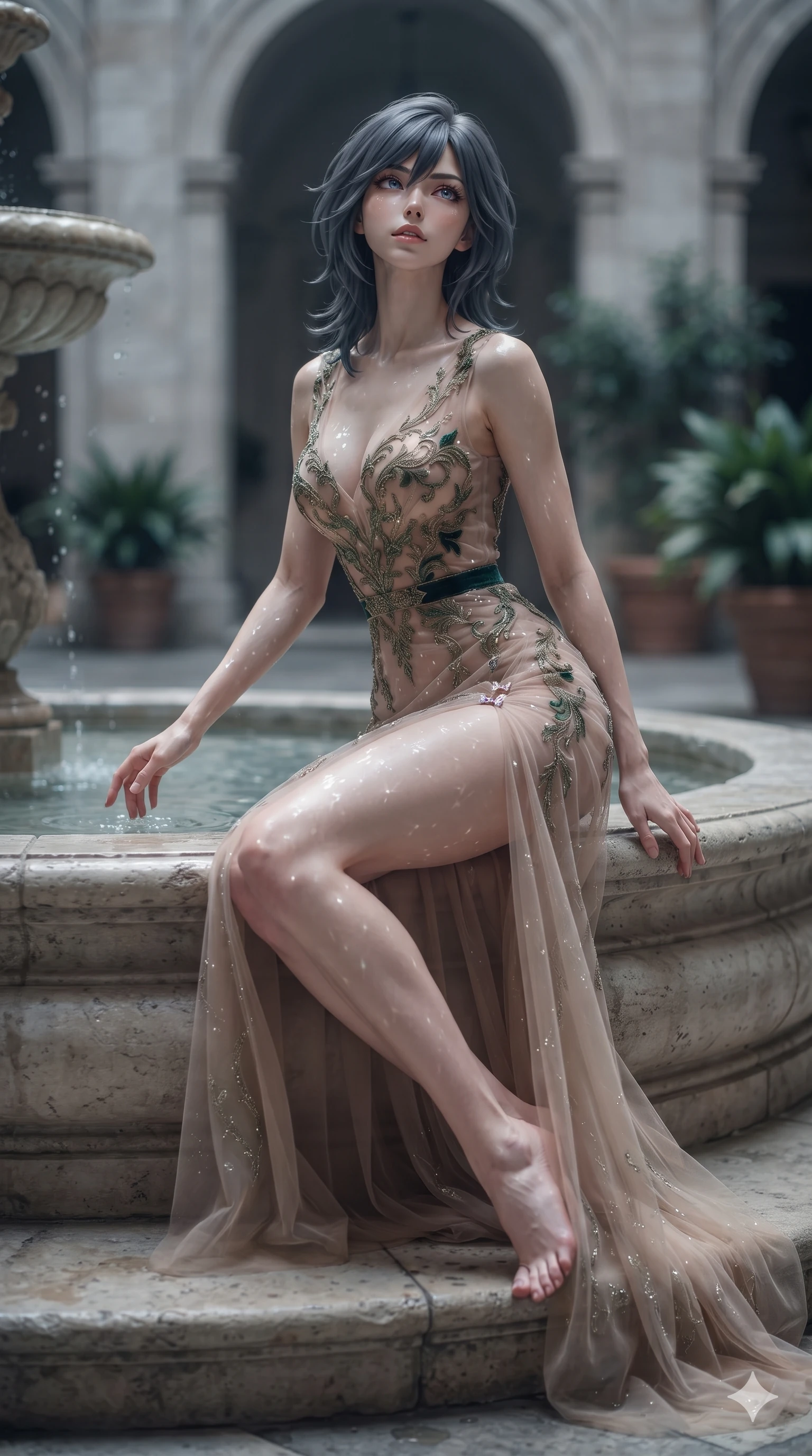 score_9, masterpiece, best quality, ultra-detailed, high-budget anime keyframe, editorial fashion photography, tasteful artistic composition, Caucasian woman. low angle full-body shot from head to toe showing her feet, filling the entire 9:16 vertical frame with her statuesque presence, stretching her vertical silhouette. sitting poised on the stone steps with one knee bent, arching her spine with supermodel elegance as she glances upward through thick eyelashes while perching on the rim of the fountain with legs crossed, arching her lower back while toying with water surface ripples with seductive elegance. The composition keeps background elements in soft focus with creamy bokeh: cool shaded courtyard breeze softened in Renaissance palazzo atrium shallow focus. She has an exceptionally tall and slender model-like 8.5-heads proportion, an ultra-slim waist, a flat toned midriff, narrow delicate ribcage, and beautifully sculpted feminine hips creating a graceful, slim hourglass silhouette without any bulky heaviness, with impossibly long slender legs. sharp v-shaped jawline, high-bridge nose, intricate jewel-like eyes with depth, thick eyelashes, glossy parted lips with a natural sheen, intensely captivating and seductive bedroom-eyes expression, flawlessly proportioned anatomical accuracy, strict slender model proportions, natural body alignment, perfectly sculpted long slender limbs, ultra-slim waistline, clean dynamic posture without body distortion. wearing a sheer-illusion tulle evening gown with strategic metallic embroidery tracing her dewy collarbones, flat midriff, and hips in emerald velvet and antique brass, tailored from water-resistant treated wool gabardine and flexible stretch silk, finished with an ultra-high side slit secured by miniature jeweled clasps, the glove-like clinging cut tightly following the natural contour of her hips and long slender legs with youthful 8.5-heads elegance. bathed in soft diffuse courtyard daylight mixed with sparkling water caustic reflections dancing across her skin. ultra-reflective glossy finish, specular highlights, rich textural contrasts, high-contrast stereoscopic depth, volumetric dynamic lighting, 2k, ultra detail, master piece, 9:16 ratio