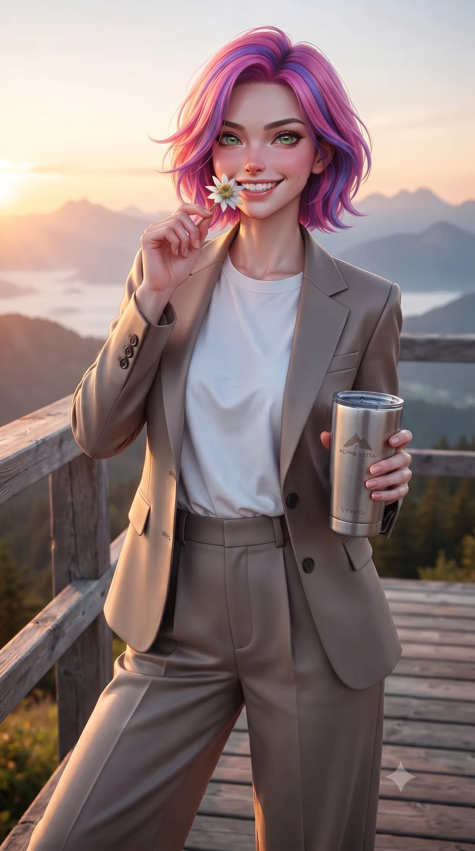 score_9, masterpiece, best quality, ultra-detailed, high-budget anime keyframe, editorial fashion photography, tasteful artistic composition, Caucasian woman. close-up cowboy shot from the waist and thighs up, the character dominates the composition, filling the frame with her large presence, background elements kept in soft focus. holding a delicate flower near her lips, smiling with magnetic self-assurance and glowing eyes set against a soft-focus background of on a scenic wooden observation deck at the peak of a green mountain holding a travel tumbler with a bright, active grin. She has an exceptionally elegant, slender, and willowy female figure with an ultra-slim waist, a gracefully sculpted slender torso, and a refined silhouette. sharp v-shaped jawline, high-bridge nose, intricate jewel-like eyes with depth, thick eyelashes, glossy lips with a natural sheen. wearing body-hugging tailored casual blazer in taupe, paired with a loose tee and wide-leg trousers. cool morning mountain air diffusing the bright orange sunrise glow. highly saturated vibrant anime colors, detailed shading with soft gradients, rich glossy textures, high-contrast stereoscopic depth, volumetric dynamic lighting, master piece, 9:16 ratio