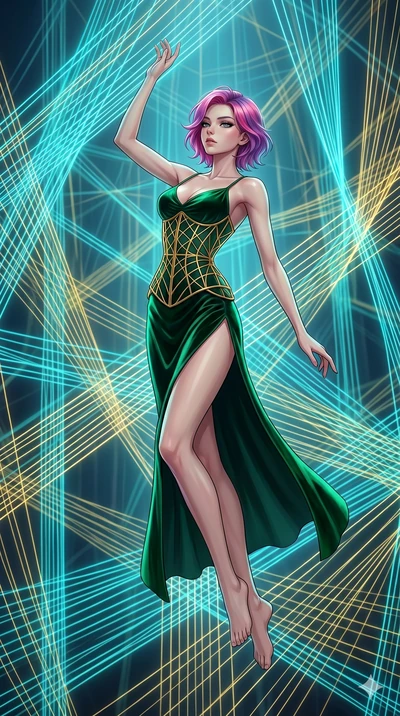 score_9, masterpiece, best quality, ultra-detailed, high-budget anime keyframe, Caucasian woman, strictly human ears. low angle full-body shot filling the entire 9:16 frame with her statuesque presence, stretching the vertical silhouette. floating su
