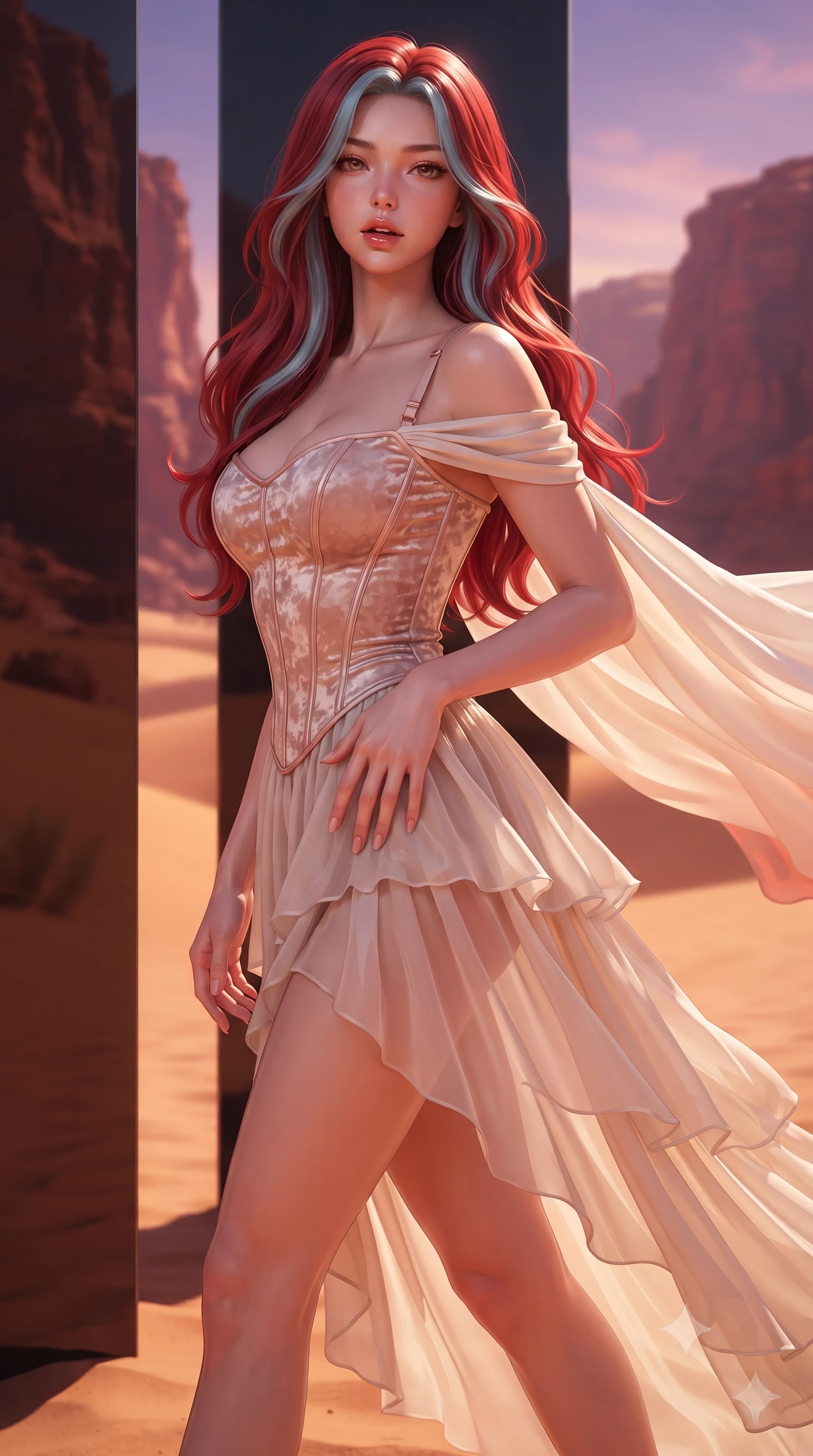 score_9, masterpiece, best quality, ultra-detailed, high-budget anime keyframe, semi-realistic 3D game render, editorial fashion photography, tasteful artistic composition, Caucasian woman. close-up cowboy shot from the waist and thighs up, the character dominates the composition, filling the frame with her large presence. resting one manicured hand delicately on her hip bone, her upper body turning in a fluid, seductive S-curve while parted lips glisten in the light while striding across the desert sand path beside the reflective monolith, her sweeping silk chiffon cape billowing against the red canyon walls. The composition keeps background elements in soft focus with creamy bokeh. ancient wind-carved sandstone cliffs and endless golden dunes blurred into burnt ochre, rose-terracotta, and twilight-violet bokeh. She has an exceptionally elegant, slender, and willowy female figure with an ultra-slim waist, flat toned midriff, narrow ribcage, and sculpted feminine hips creating an alluring, slim hourglass silhouette without bulk. sharp v-shaped jawline, high-bridge nose, intricate jewel-like eyes with depth, thick eyelashes, glossy parted lips with a natural sheen, intensely captivating and seductive bedroom-eyes expression, flawlessly proportioned anatomical accuracy, strict slender model proportions, natural body alignment, perfectly sculpted long slender limbs, ultra-slim waistline, clean dynamic posture without body distortion. wearing an off-shoulder French court corset bodice dress paired with a tiered translucent chiffon slit skirt in vintage champagne ivory and delicate rose gold, crafted from heavyweight crushed silk velvet with liquid vintage luster, finished with criss-cross back satin straps highlighting her graceful shoulder blades, the form-contouring material adhering flawlessly to her sculpted flat midriff and slender torso, emphasizing her long leg lines and perfectly proportioned willowy build. bathed in glorious desert sunset glow in rich shades of molten copper and violet. highly saturated vibrant anime colors, detailed shading with soft gradients, rich glossy textures, high-contrast stereoscopic depth, volumetric dynamic lighting, master piece, 9:16 ratio