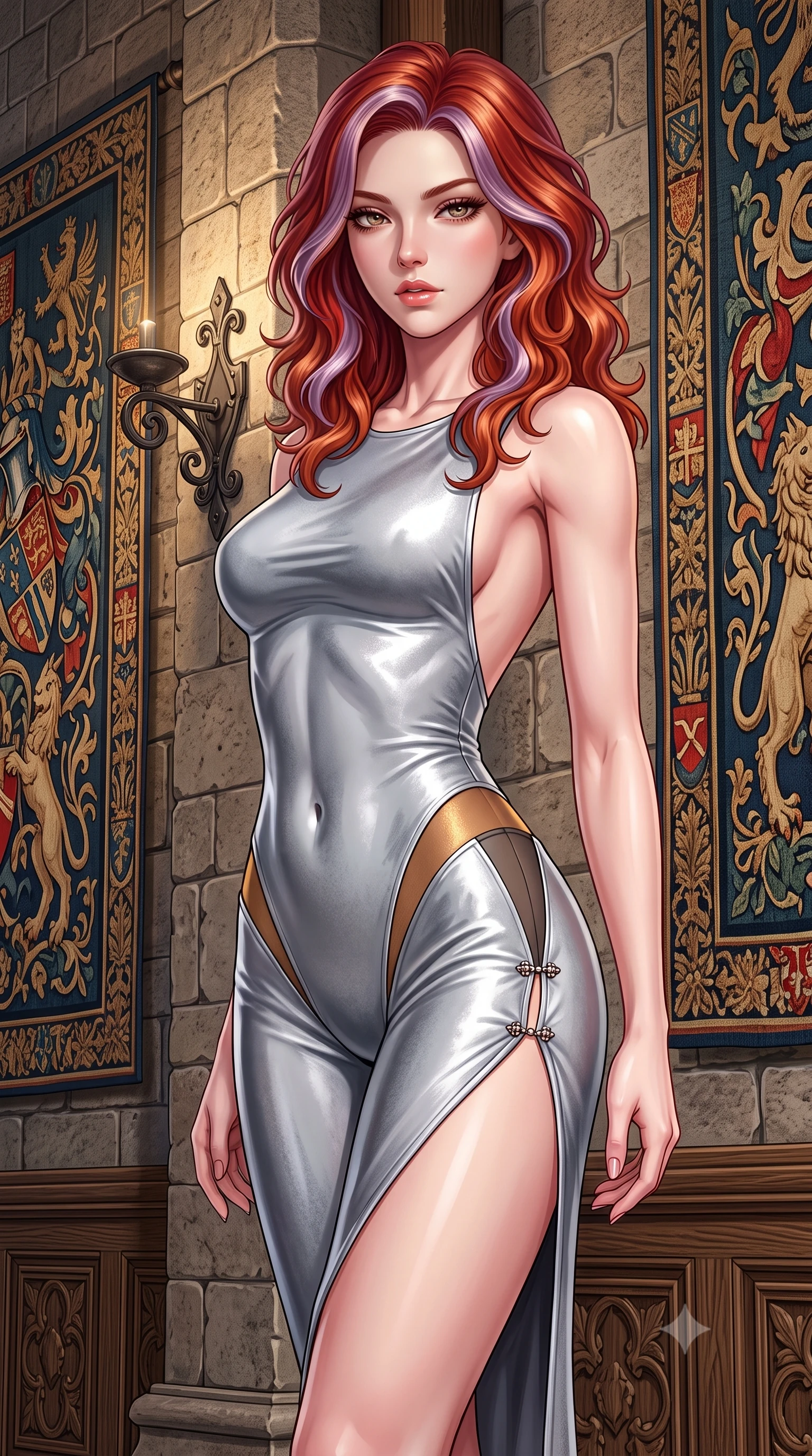 score_9, masterpiece, best quality, ultra-detailed, high-budget anime keyframe, semi-realistic 3D game render, editorial fashion photography, tasteful artistic composition, Caucasian woman. close-up cowboy shot from the waist and thighs up, the character dominates the composition, filling the frame with her large presence. leaning back with relaxed seductive grace, her sculpted collarbones and narrow waist highlighted as she casts smoldering bedroom-eyes directly into the camera while standing poised between towering medieval armorial tapestries, twisting her slender torso in a deep contrapposto stance with smoldering bedroom-eyes. The surrounding environment is rendered in vivid detail and crisp panoramic clarity. sharp aged castle masonry grain, wrought-iron wall sconces, and carved oak wood textures in deep focus. She has an exceptionally elegant, slender, and willowy female figure with an ultra-slim waist, flat toned midriff, narrow ribcage, and sculpted feminine hips creating an alluring, slim hourglass silhouette without bulk. sharp v-shaped jawline, high-bridge nose, intricate jewel-like eyes with depth, thick eyelashes, glossy parted lips with a natural sheen, intensely captivating and seductive bedroom-eyes expression, flawlessly proportioned anatomical accuracy, strict slender model proportions, natural body alignment, perfectly sculpted long slender limbs, ultra-slim waistline, clean dynamic posture without body distortion. wearing a liquid-silver aerodynamic space-couture catsuit with an open scooped back and sheer contouring mesh hip panels in molten amber-gold and dark gunmetal, crafted from heavyweight crushed silk velvet with liquid vintage luster, finished with an ultra-high side slit secured by miniature jeweled clasps, the form-contouring material adhering flawlessly to her sculpted flat midriff and slender torso, emphasizing her long leg lines and perfectly proportioned willowy build. surrounded by an aristocratic, untamed, and dangerously captivating Scottish highland duchess aura. highly saturated vibrant anime colors, detailed shading with soft gradients, rich glossy textures, high-contrast stereoscopic depth, volumetric dynamic lighting, master piece, 9:16 ratio